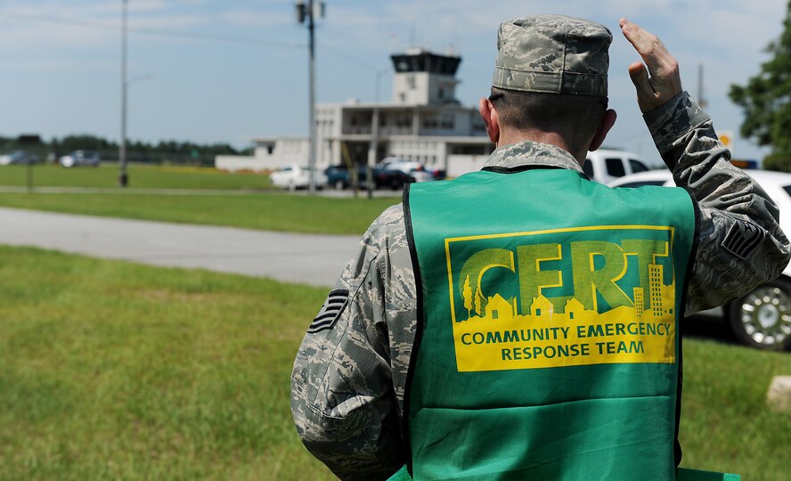 MOODY AIR FORCE BASE, Ga. -- Tech. Sgt. Kevin Hammer, 23rd Civil Engineering Squadron explosive ordnance disposal craftsman, monitors the surrounding area during a multi-agency exercise at the Valdosta Airport, Valdosta, Ga.  June 9. The EOD team participated in the exercise to train for real world situations that could happen in the community. (U.S. Air Force photo by Airman 1st Class Joshua Green/RELEASED) 