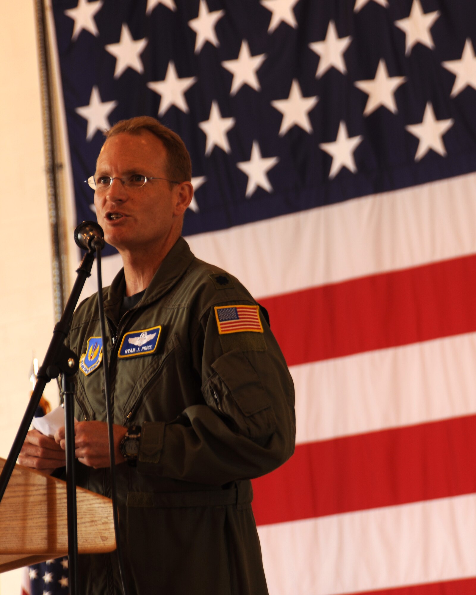 RAF FAIRFORD, United Kingdom - Lt. Col. Ryan Price, 420th Air Base Squadron, expresses his appreciation of the local communities support of RAF Fairford during Heritage Day June 9. The event focused on RAF Fairford's history in the local community, and how important the local communities have been to the base over the years. (U.S. Air Force photo by Staff Sgt. Joel Mease)