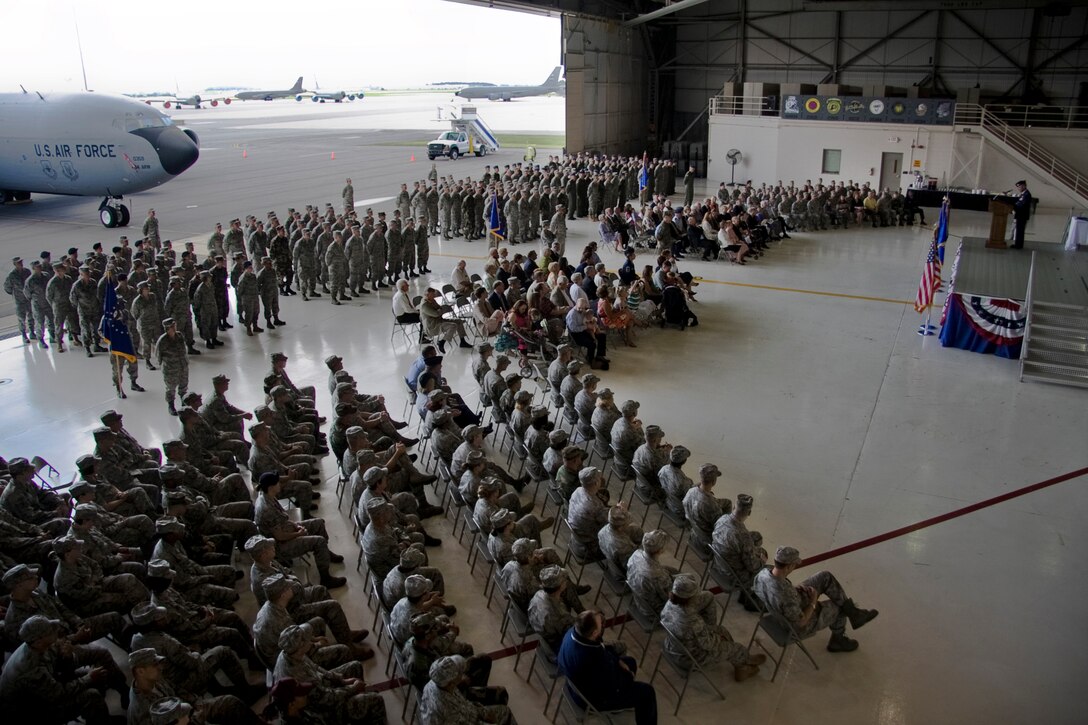 GRISSOM AIR RESERVE BASE, Ind. -- Col. William "Tim" Cahoon speaks to a full crowd in one of Grissom's nose docks shortly after taking command of the 434th Air Refueling Wing during a special ceremony held June 6. (U.S. Air Force photo/Tech. Sgt. Mark R. W. Orders-Woempner) 