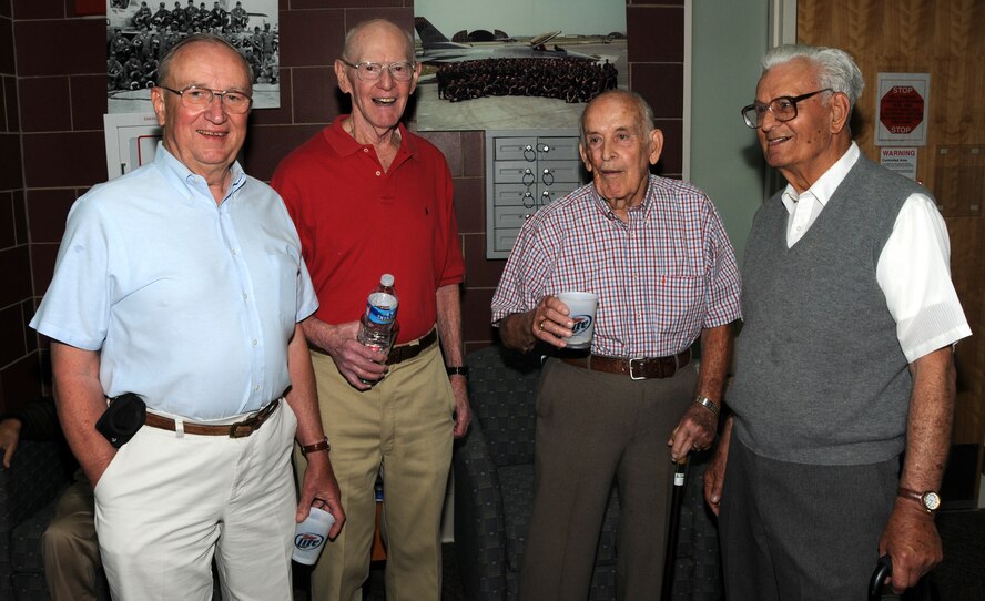 Retired Col Richard Higgins, Maj. Gen. Harry Cochran, Col. Chalmer Hunter and Col. Andrew Lacy reconnect at the F-16 Hail and Farewell Reunion June 5, 2010 at the 178th Fighter Wing, Springfield, Ohio.