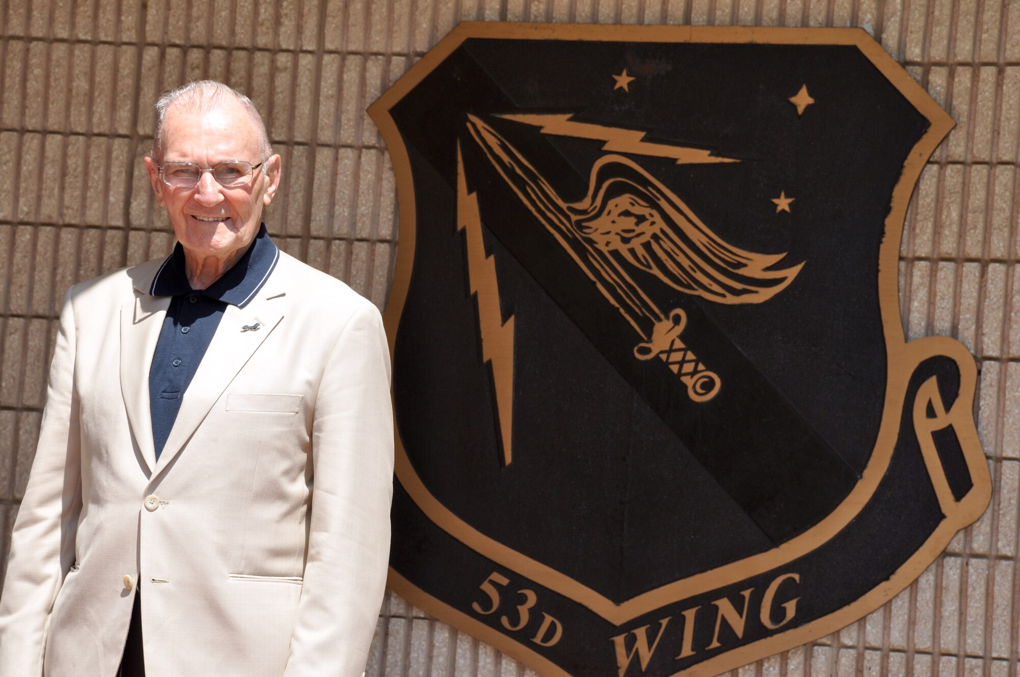 Retired Lt. Col. Jack Rice visited members of the 53rd Wing to speak about the wing's history and his memories while being a member of the wing in both 1943 and 1963. (U.S. Air Force photo/Ashley M. Wright)