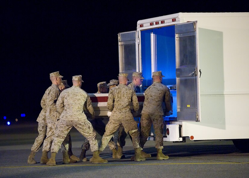 A U.S. Marine Corps team transfers the remains of Marine Corps Lance Cpl. Joshua M. Davis of Perry, I.A., at Dover Air Force Base, Del., on May 9, 2010. . (U.S. Air Force photo/Brianne Zimny)