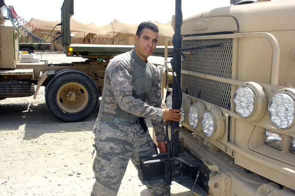 U.S. Air Force Airman 1st Class Victor Despradel, 70th Medium Truck Detachment vehicle operator, is a native of the Dominican Republic deployed from Little Rock Air Force Base, Ark. to an undisclosed location in Southwest Asia. (U.S. Air Force photo/Released)