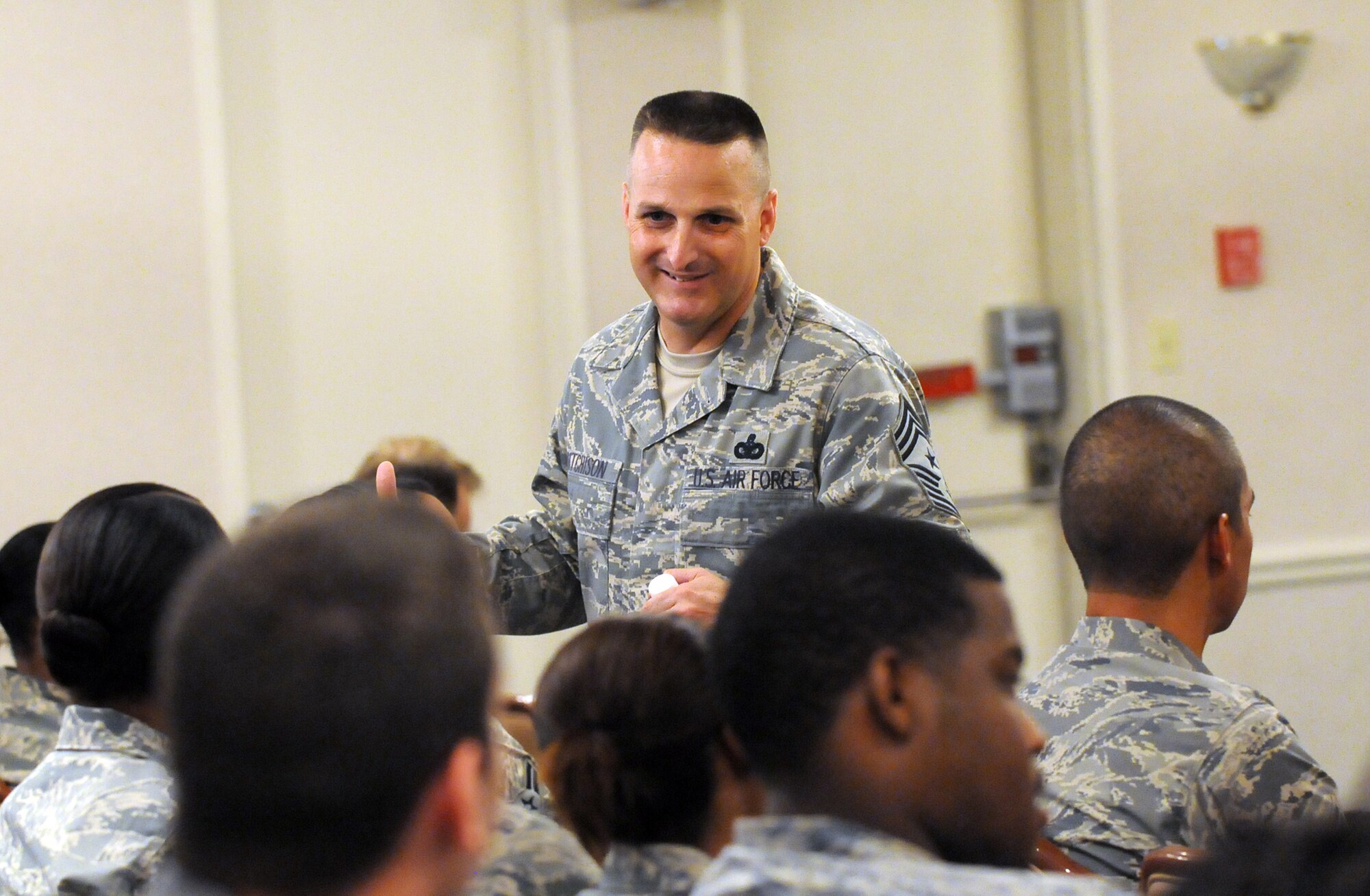 Command Chief Master Sergeant Harold "Buddy" Hutchison addresses enlisted airmen June 3. U. S. Air Force photo by Sue Sapp