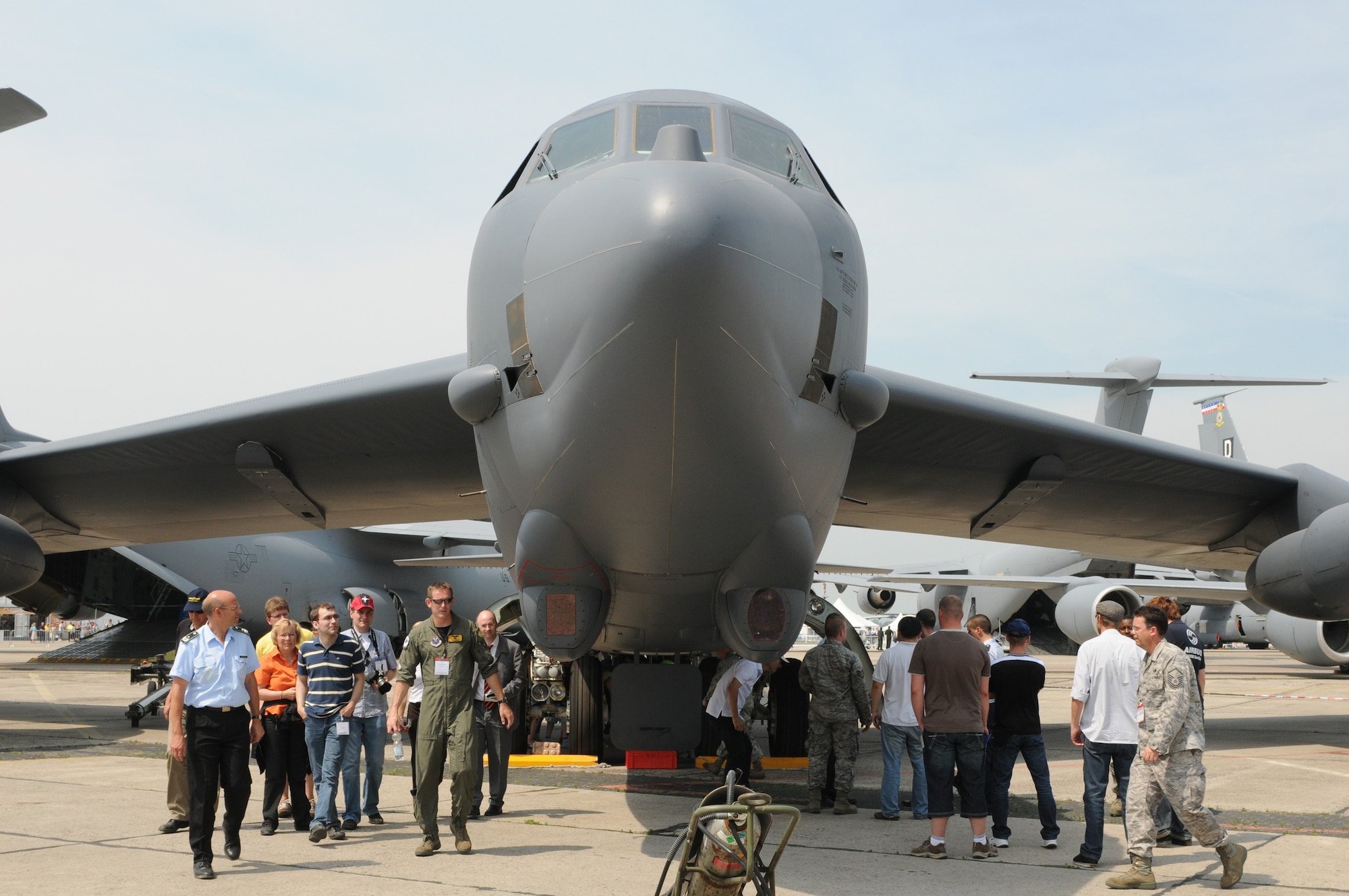 The B-52 Stratofortress crew from Barksdale Air Force Base, La., provide tours to the visitors during the ILA 2010 Berlin International Aerospace Exhibition and Conferences June 10. The Berlin Air Show features 1,153 exhibitors from 47 countries, including the United States. (U.S. Air Force photo/Staff Sgt. Julius Delos Reyes)