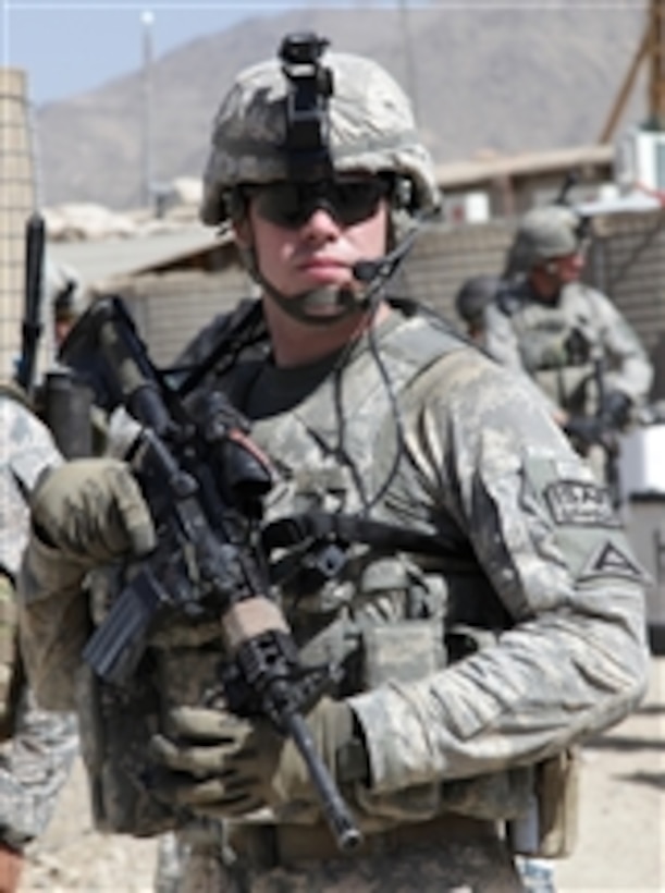 U.S. Army 1st Lt. Daniel Meegan conducts a combat patrol from Forward Operating Base Baylough in the Zabul province of Afghanistan on June 8, 2010.  Meegan is platoon leader of 1st Platoon, Delta Company, 1st Battalion, 4th Infantry Regiment, U.S. Army Europe.  