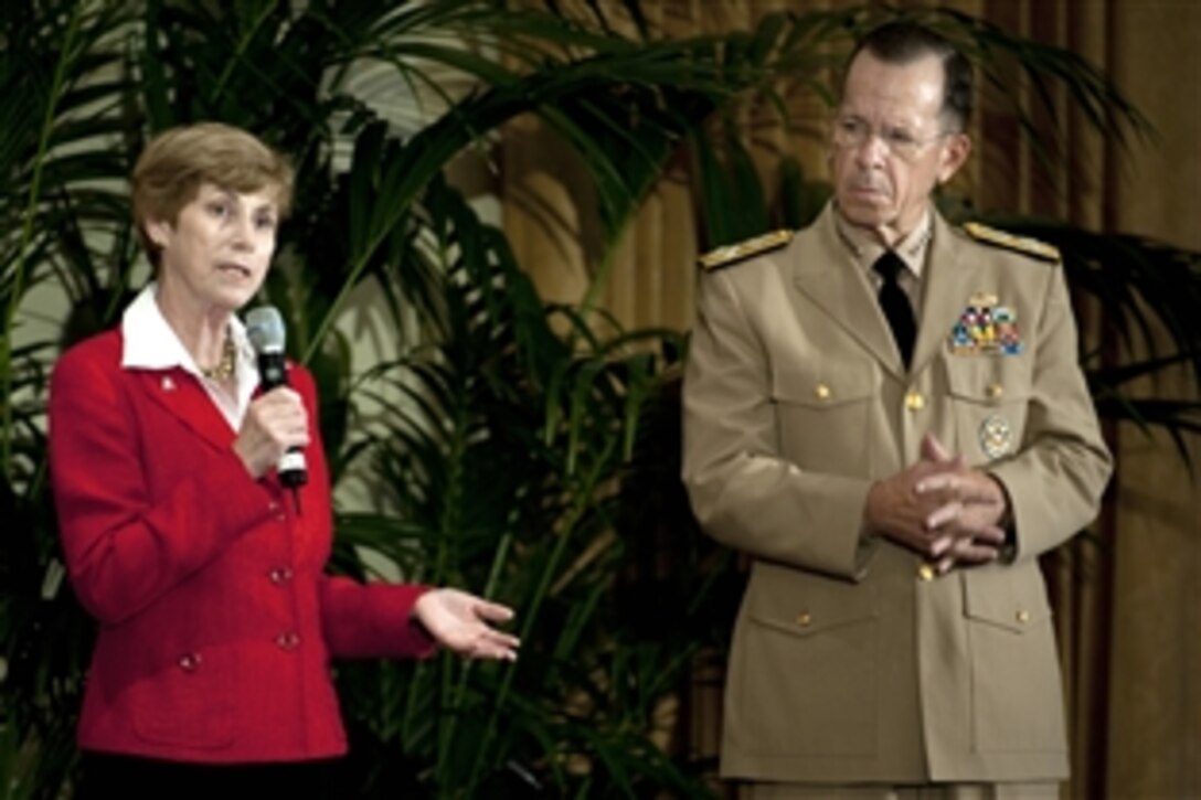 Deborah Mullen and Navy Adm. Mike Mullen, chairman of the Joint Chiefs of Staff, address the audience during a town hall meeting at the University of Southern California in Los Angeles, June 11, 2010.