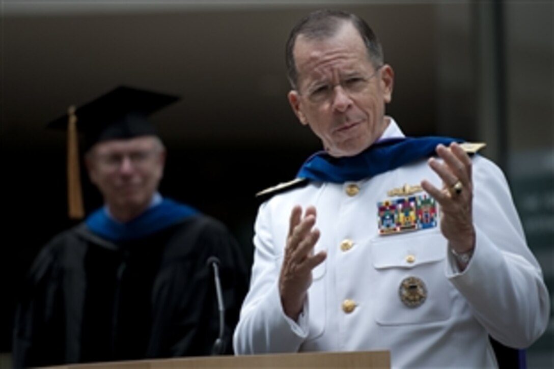 U.S. Navy Adm. Mike Mullen, chairman of the Joint Chiefs of Staff, addresses graduates at the 2010 Pardee Rand Graduate School commencement ceremony in Santa Monica, Calif., June 12, 2010. Mullen was granted an honorary degree from the school, which trains future leaders in public policy. 