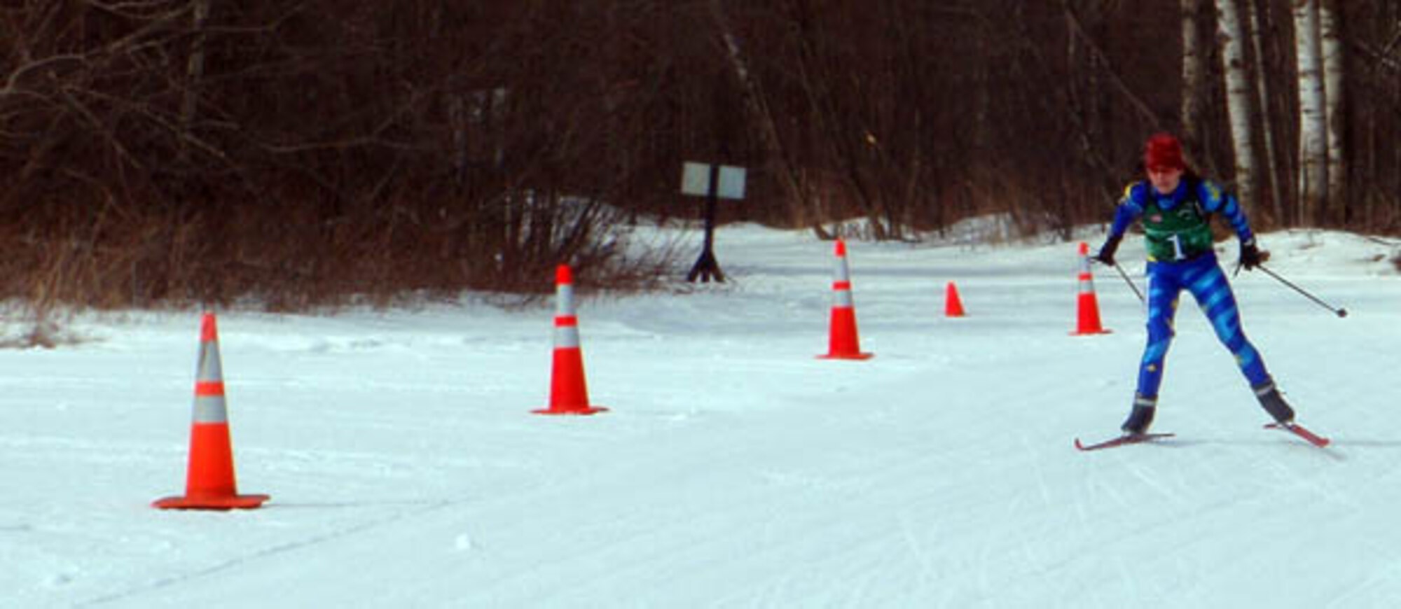 Maj. Becky King of the Alaska Air National Guard competes in the Chief National Guard Biathlon Championships at Camp Ripley, Minn., on March 5, 2010.
