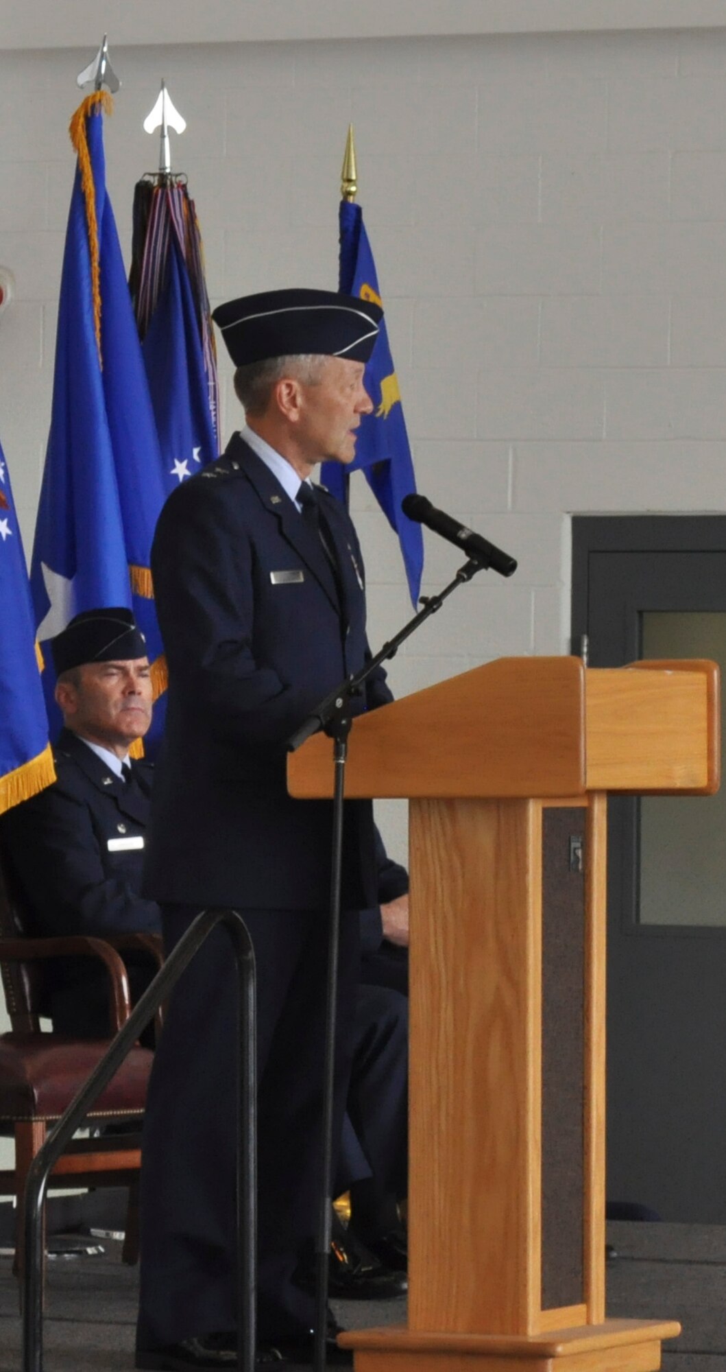 Maj. Gen. Eric W. Crabtree, Fourth Air Force commander, speaks briefly during a change of command ceremony here June 13, 2010. Shortly after General Crabtree's speech, Col. James M. Allman formally assumed command of the 459th Air Refueling Wing. (U.S. Air Force photo/Senior Airman Andrew Polvino)