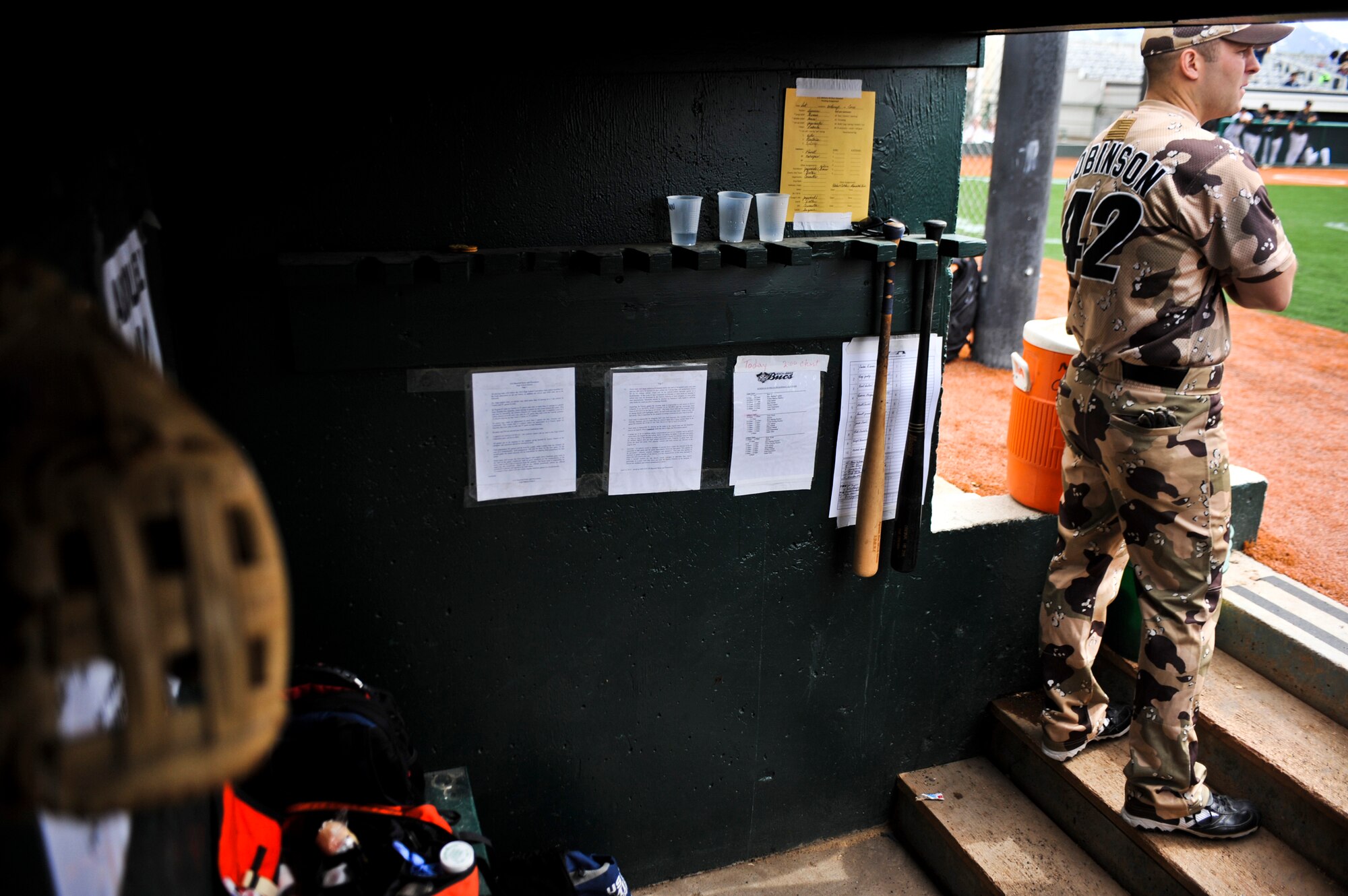 ANCHORAGE, Alaska – Chris Langley, first baseman for Heroes of the Diamond, looks on during a game against the Anchorage Bucs, June 12. Mr. Langley is a captain and C-17 Globemaster III pilot for the 517th Airlift Squadron at Elmendorf Air Force Base, Alaska. The Heroes of the Diamond were established in 1990 as the Military All Stars. They are making their first stop in Alaska since being established and will play top local baseball teams on a 12-day tour which started June 12. (Air Force photo by Airman 1st Class Christopher Gross)