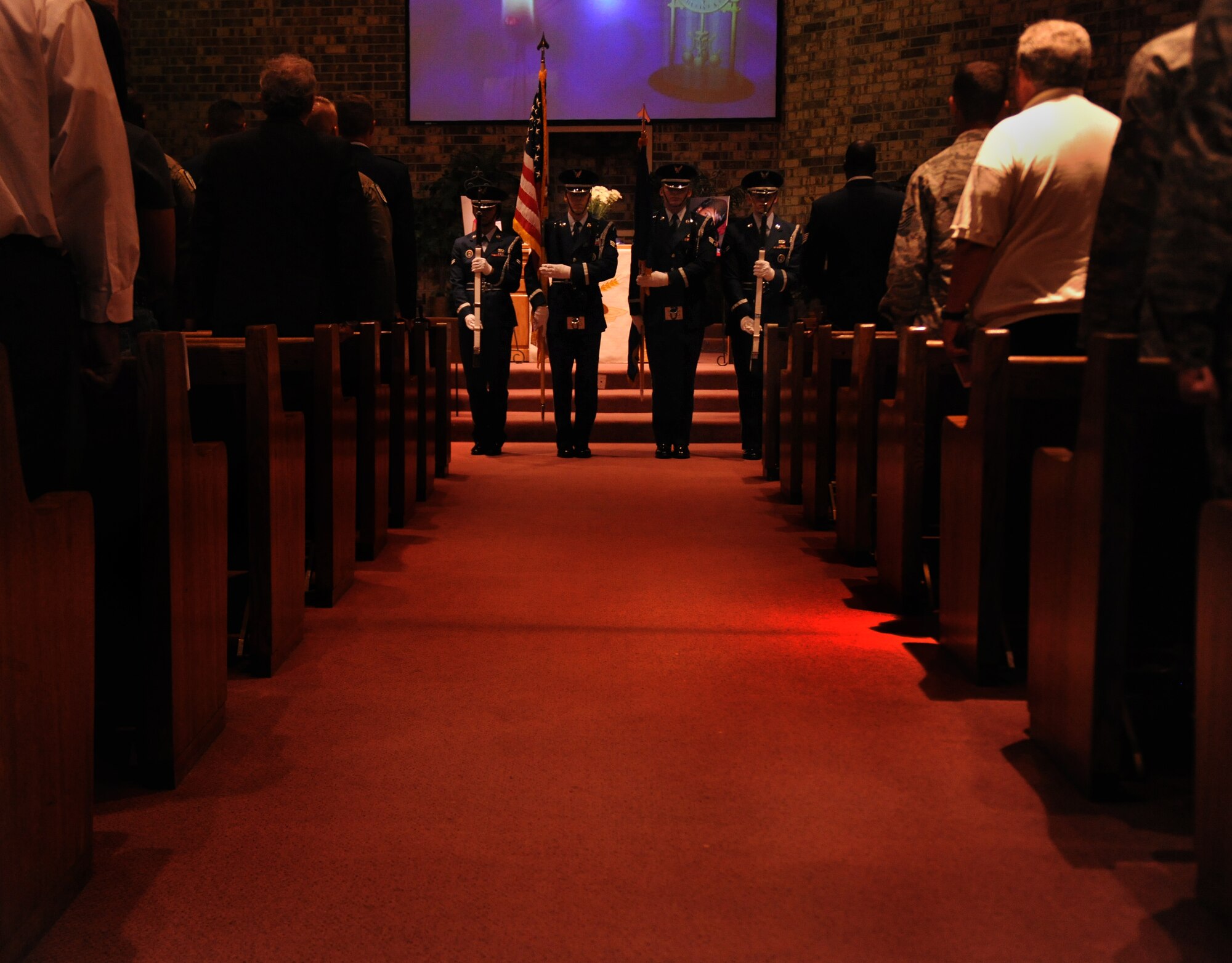 MOODY AIR FORCE BASE, Ga. -- The Moody Honor Guard posts the colors during a memorial service for Staff Sgt. Stephanie Farmer here June 11. Sergeant Farmer passed away on the 30th of May due to heart complications. (U.S. Air Force photo by Airman 1st Class Benjamin Wiseman/RELEASED)