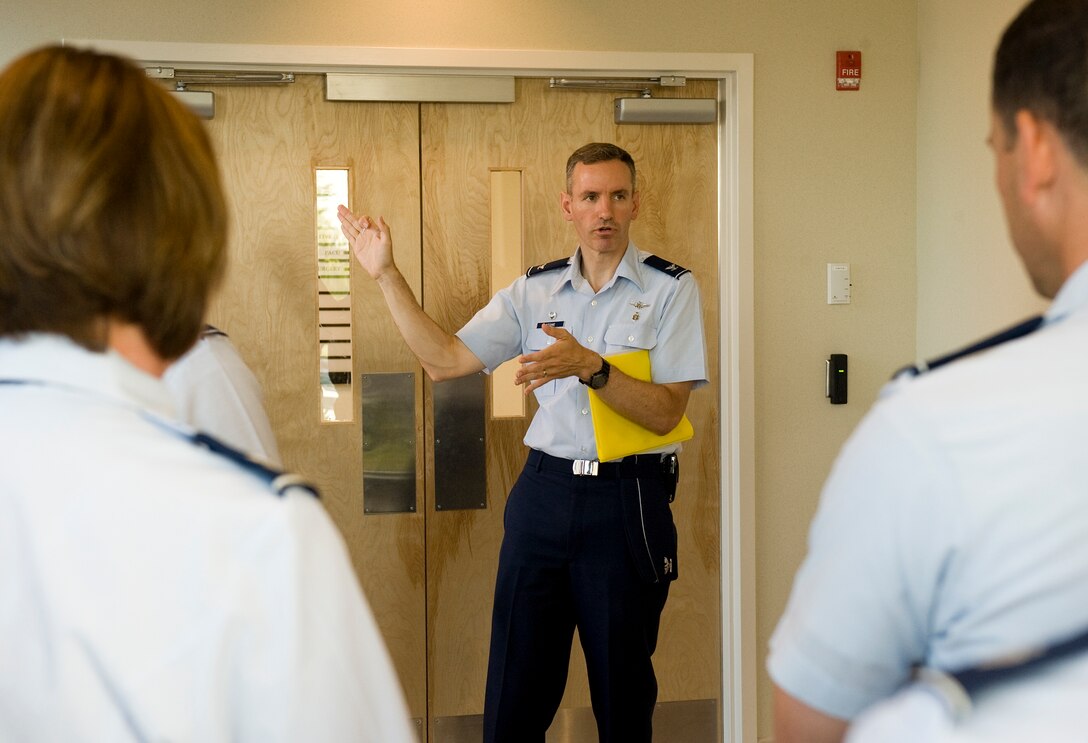 LANGLEY AIR FORCE BASE, Va. -- Col. Eric Stone, 633d Medical Group commander, gives a tour of the new Langley Hospital wing June 14. The ceremony marked a milestone in the hospital renovation with the ribbon cutting and tour of the newly opened sections.  (U.S. Air Force photo/Senior Airman Zachary Wolf)

