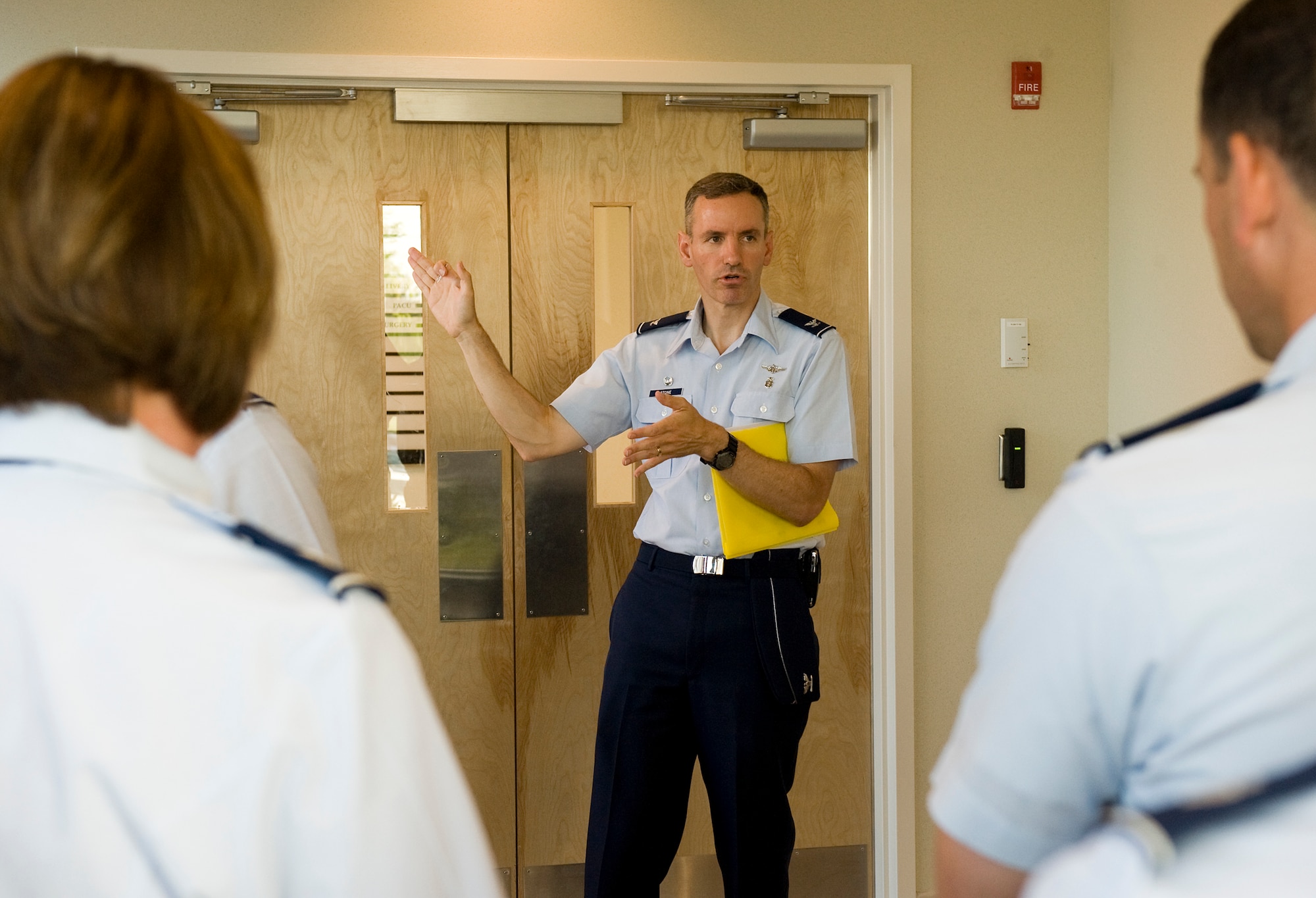LANGLEY AIR FORCE BASE, Va. -- Col. Eric Stone, 633d Medical Group commander, gives a tour of the new Langley Hospital wing June 14. The ceremony marked a milestone in the hospital renovation with the ribbon cutting and tour of the newly opened sections.  (U.S. Air Force photo/Senior Airman Zachary Wolf)
