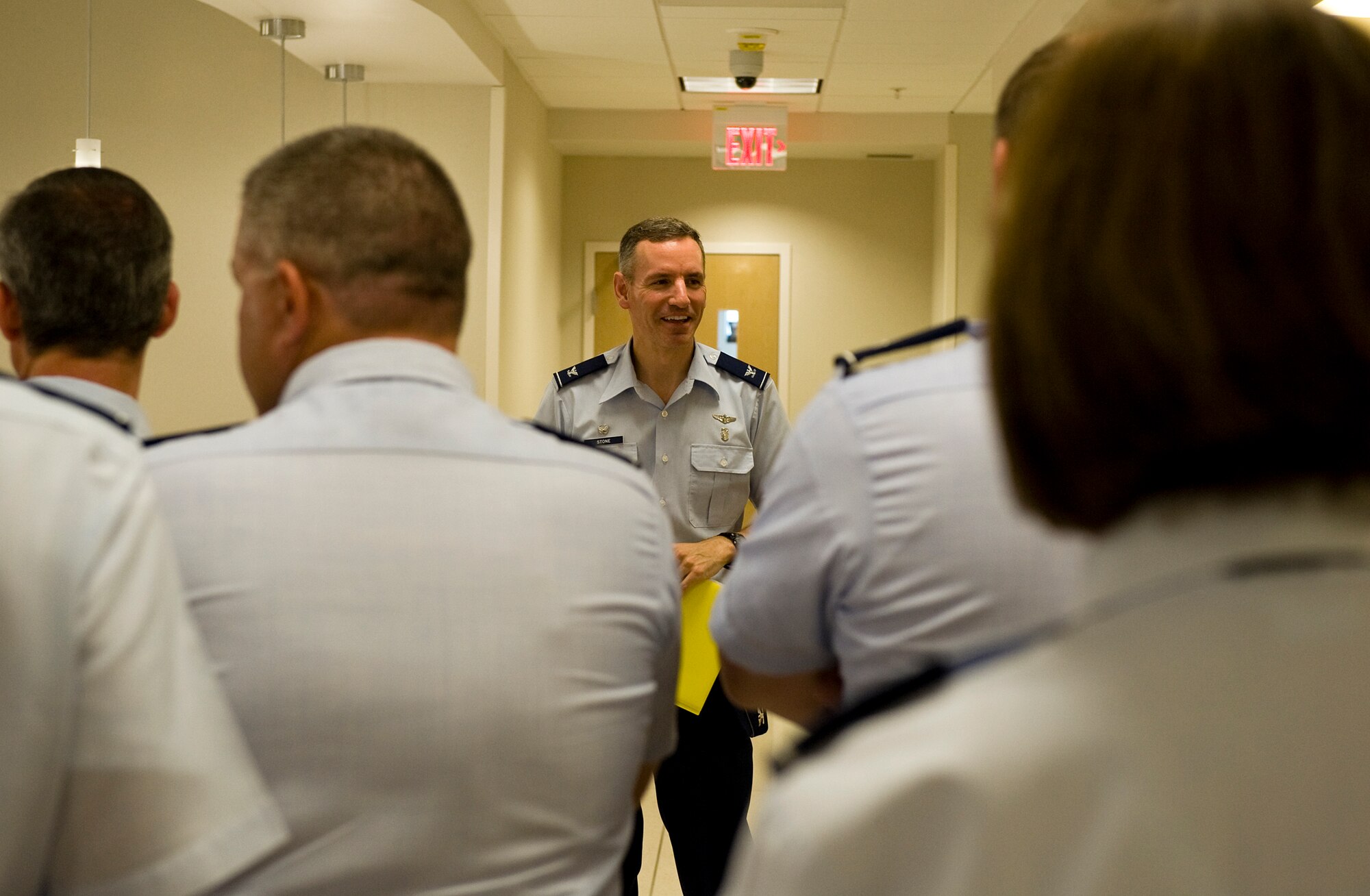 LANGLEY AIR FORCE BASE, Va. -- Col. Eric Stone, 633d Medical Group commander, gives a tour of the new Langley Hospital wing June 14. The ceremony marked a milestone in the hospital renovation with the ribbon cutting and tour of the newly opened sections.  (U.S. Air Force photo/Senior Airman Zachary Wolf)

