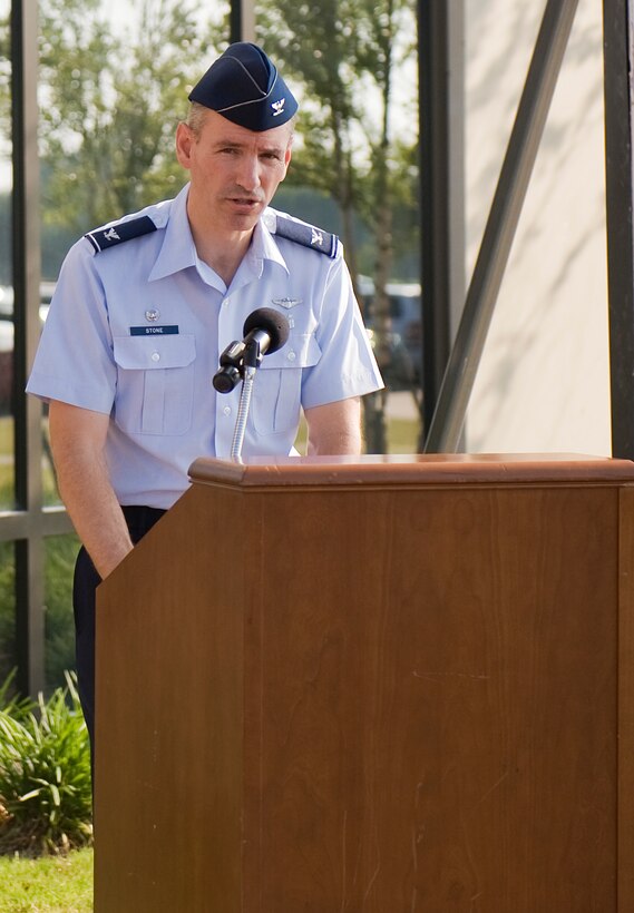 LANGLEY AIR FORCE BASE, Va. -- Col. Eric Stone, 633d Medical Group commander, addresses a crowd in front of the new Langley Hospital wing June 14. The ceremony marked a milestone in the hospital renovation with the ribbon cutting and tour of the newly opened sections.  (U.S. Air Force photo/Senior Airman Zachary Wolf)
