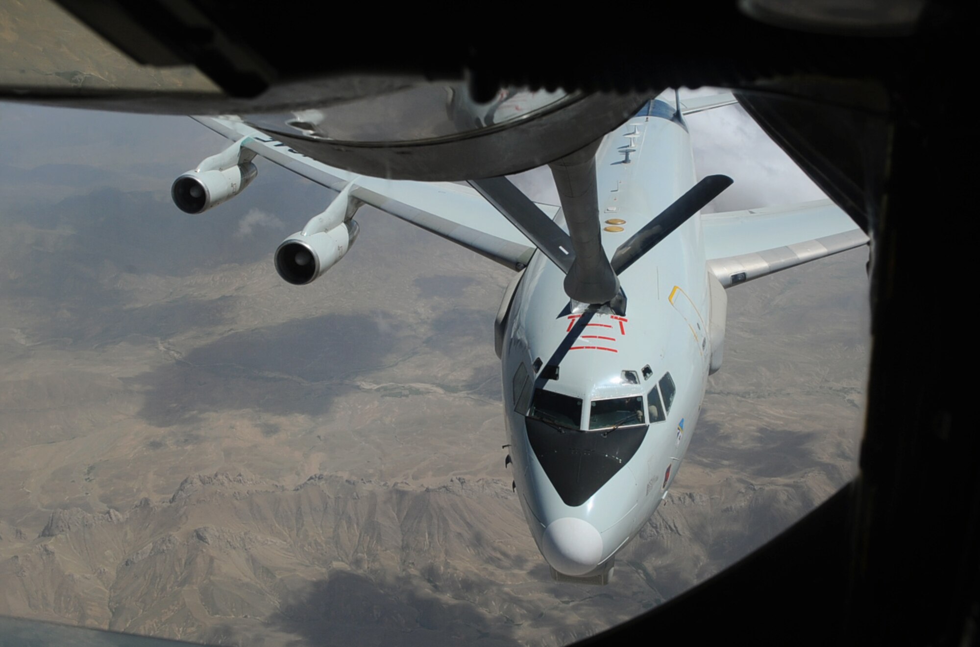 An E-3 Sentry receives fuel from a 340th Expeditionary Air Refueling Squadron KC-135 Stratotanker May 25, 2010, while flying over Afghanistan. (U.S. Air Force photo/Senior Airman Kasey Zickmund)