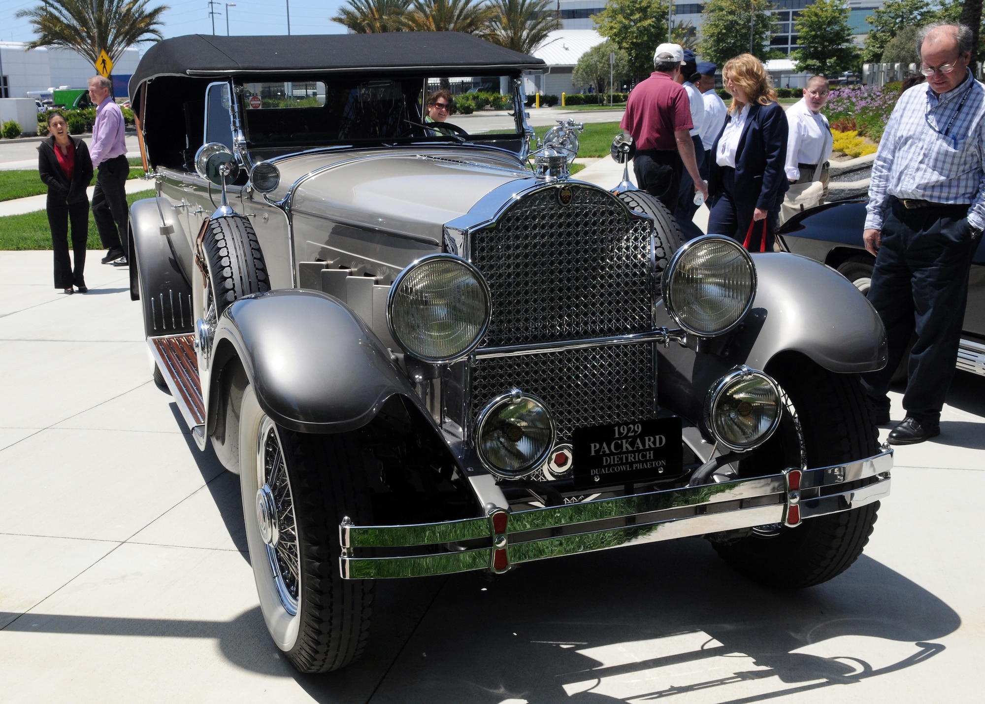 Base personnel check out a vintage Packard. The classic car was on display during the recent Safety Stand Down Day.  (Photo by Jim Gordon)