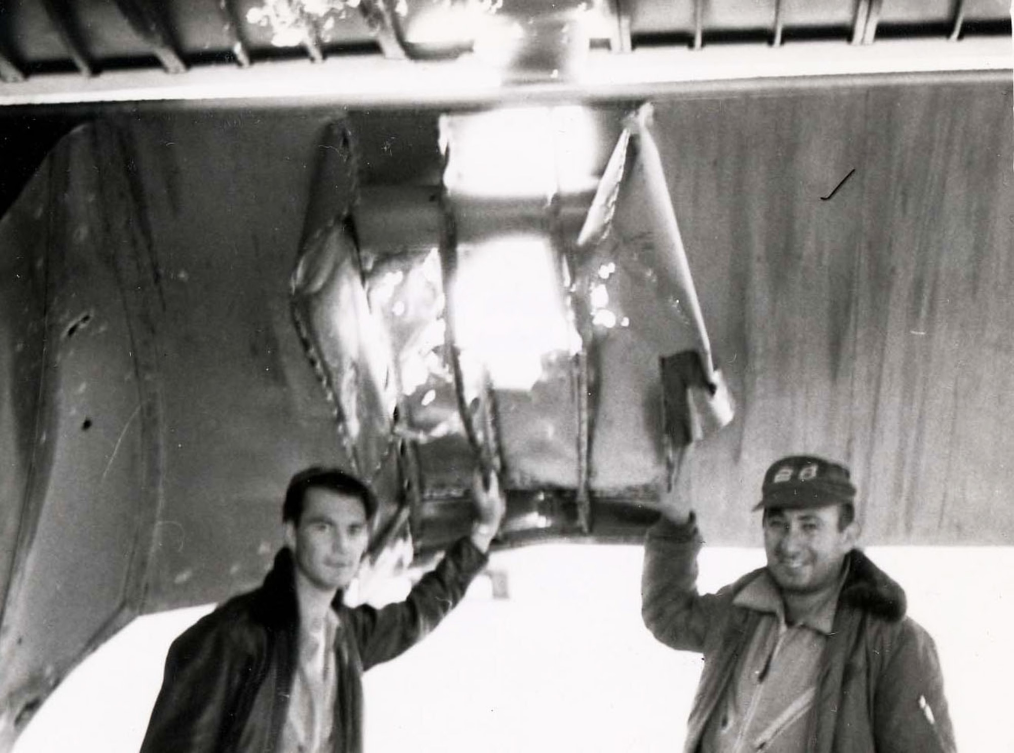 On Oct. 27, 1951, "Command Decision" flew on a strike against rail bridges at Sinanju, North Korea. On this mission, the crew shot down their fourth and fifth MiG-15 (they shot down the other three on Oct. 17). A MiG-15 cannon shell caused serious damage to Command Decision’s flap on the Oct. 27 mission. (U.S. Air Force photo)