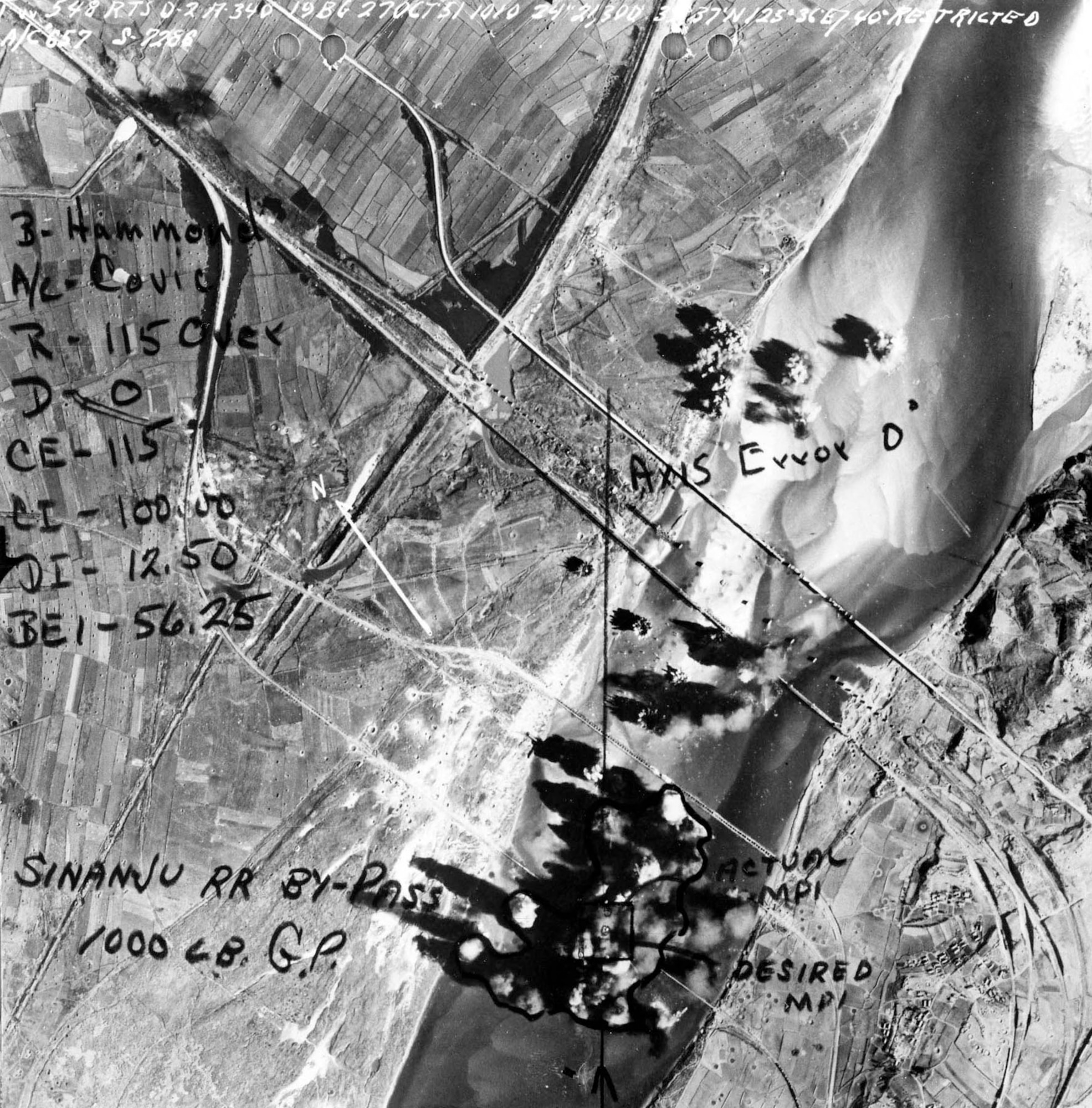 On Oct. 27, 1951, "Command Decision" flew on a strike against rail bridges at Sinanju, North Korea. On this mission, the crew shot down their fourth and fifth MiG-15 (they shot down the other three on Oct. 17). This is the strike photo taken on the Oct. 27 mission. (U.S. Air Force photo)