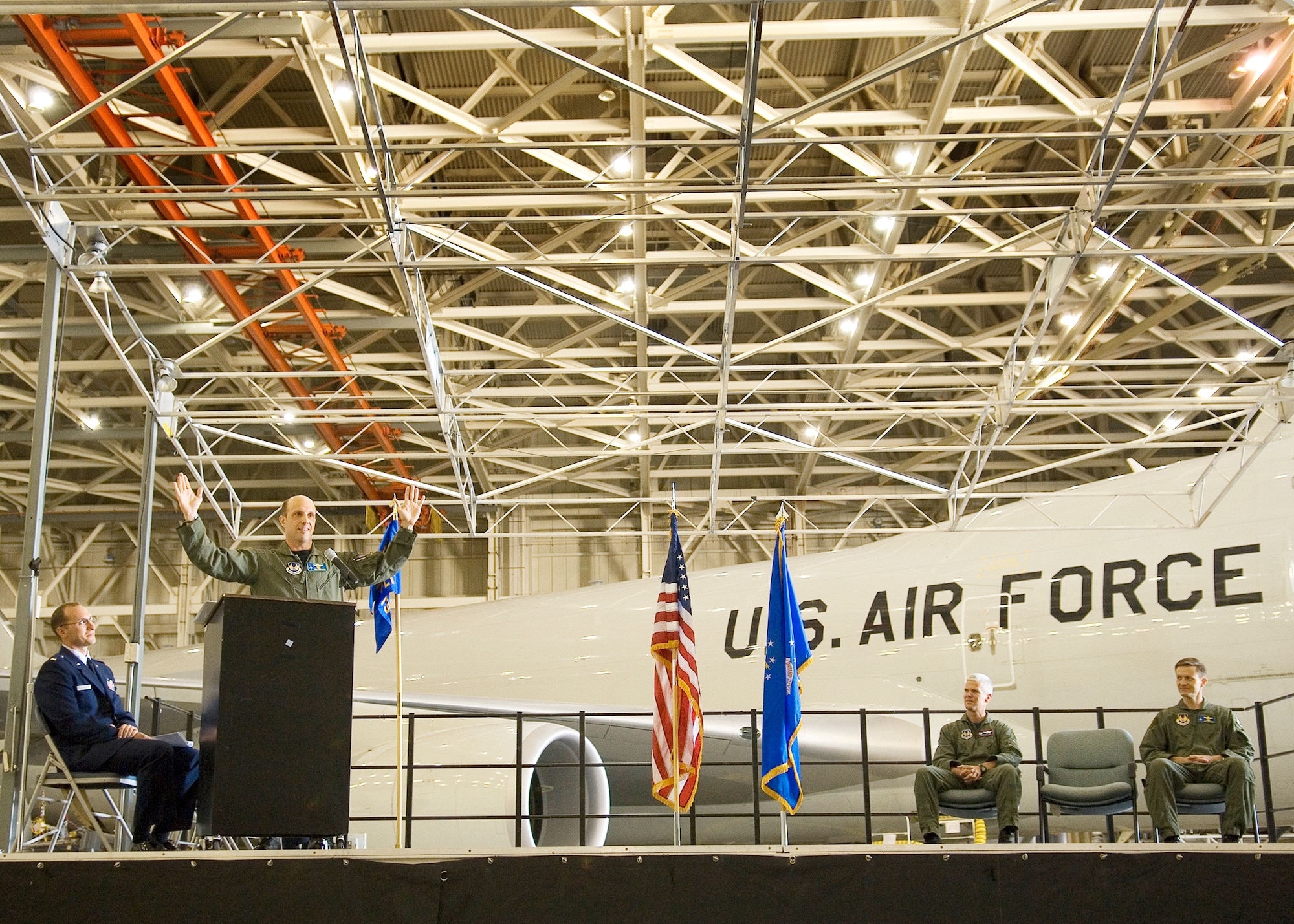 Lt. Col. Michael R. Contratto speaks at the 417th Flight Test Squadron change of command ceremony.  Colonel Contratto relinquished command of the squadron to Lt. Col. Jeffrey E. Warmka June 10. (Air Force photo by Rob Densmore)
