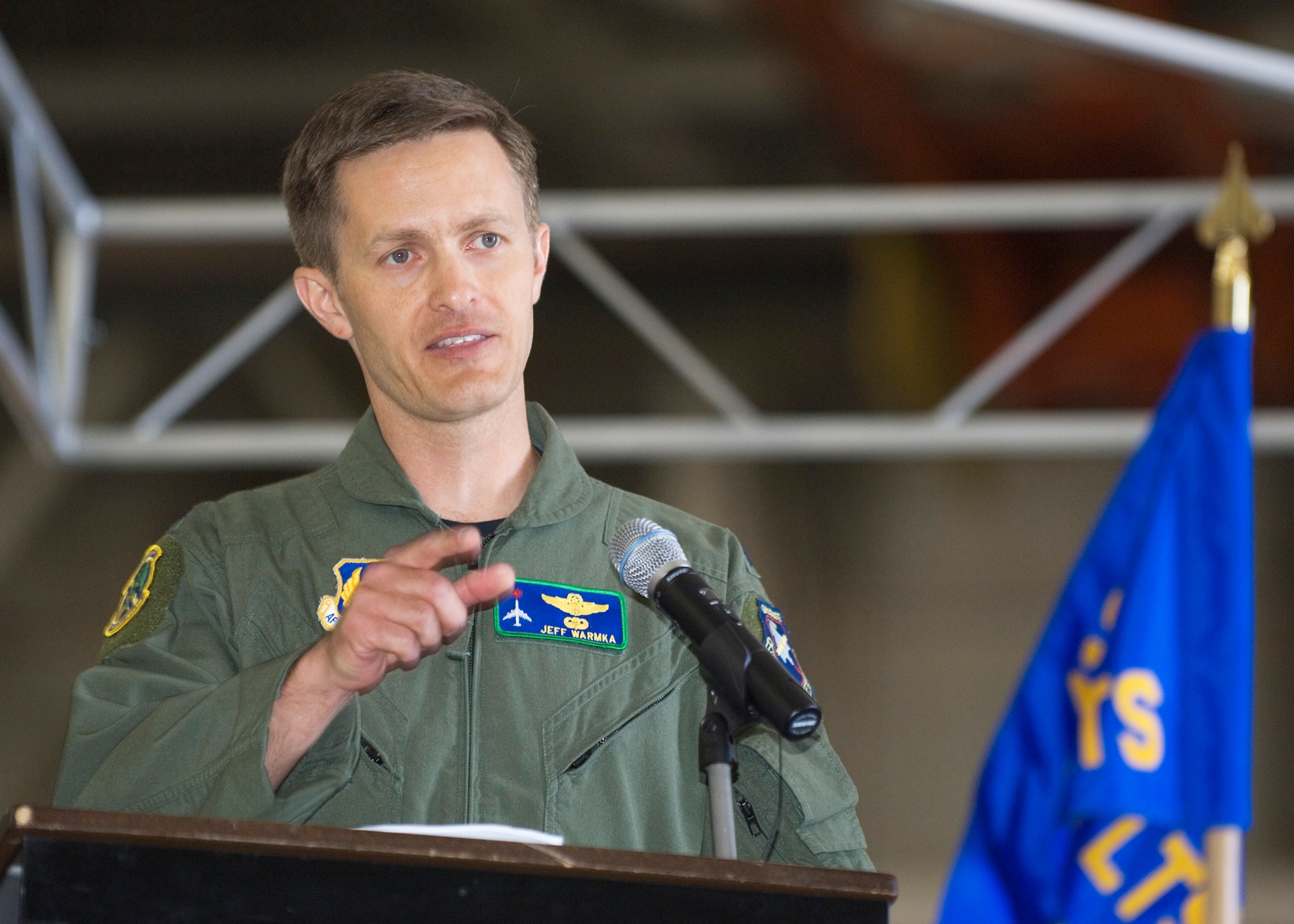 Incoming commander, Lt. Col. Jeffrey E. Warmka, speaks at the 417th Flight Test Squadron change of command ceremony June 10. (Air Force photo by Rob Densmore) 