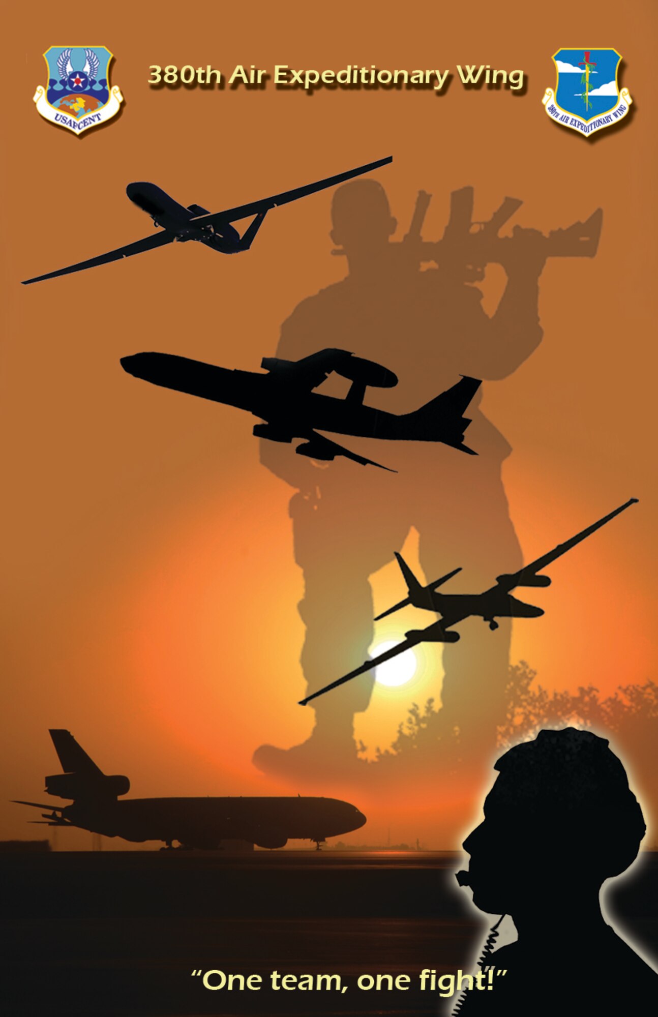 "The mission is and 18-year-old with a rifle. All else is support" is a sentiment expressed by wing leadership at the 380th Air Expeditionary Wing which is home to 1,900 personnel supporting one of the most diverse combat wings in the Air Force. The wing's mission is to provide high-altitude all-weather intelligence, surveillance, reconaissance, airborne command and control and air refueling for Operations Iraqi Freedom, Enduring Freedom and Combined Joint Task Force - Horn of Africa. To accomplish its mission the wing is equipped with four diverse weapons systems which are shown as silhouttes. From top to bottom, The RQ-4 Global Hawk, E-3 Sentry (AWACS), U-2 Dragon Lady and the KC-10 Extender. They are a unique combination of aircraft which act as the "eyes and ears" serving as guardians of the sky for troops on the ground and providing greater range and endurance for coalition aircraft over the battlefield. (Photo illustration by Capt Cathleen Snow)