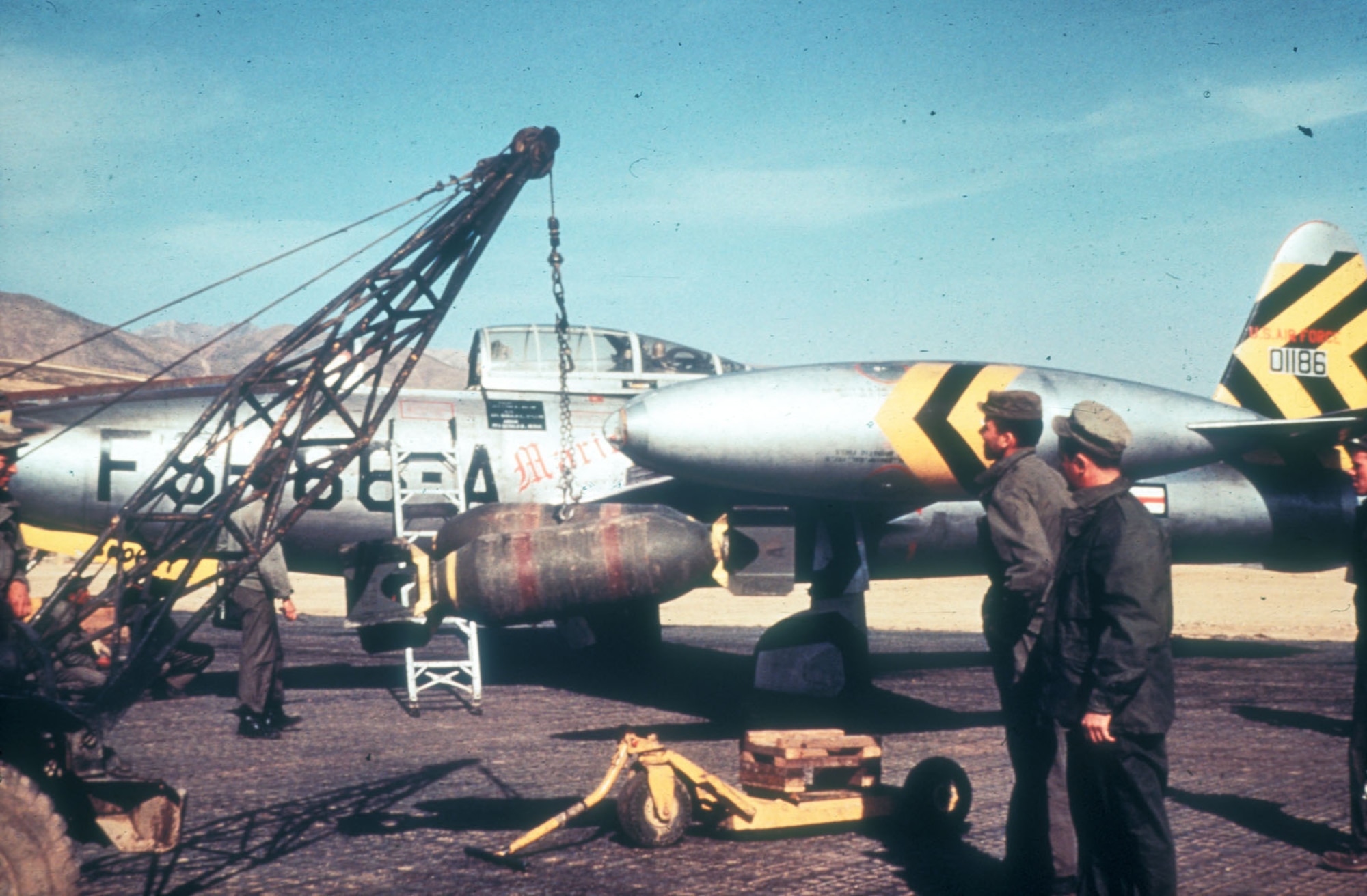 Although the F-84 "Thunderjet" was unable to protect USAF B-29s from the MiG-15, it proved to be an excellent ground attack aircraft. The F-84 carried a heavy bomb load and contributed to the “air pressure” campaign against strategic targets. (U.S. Air Force photo)