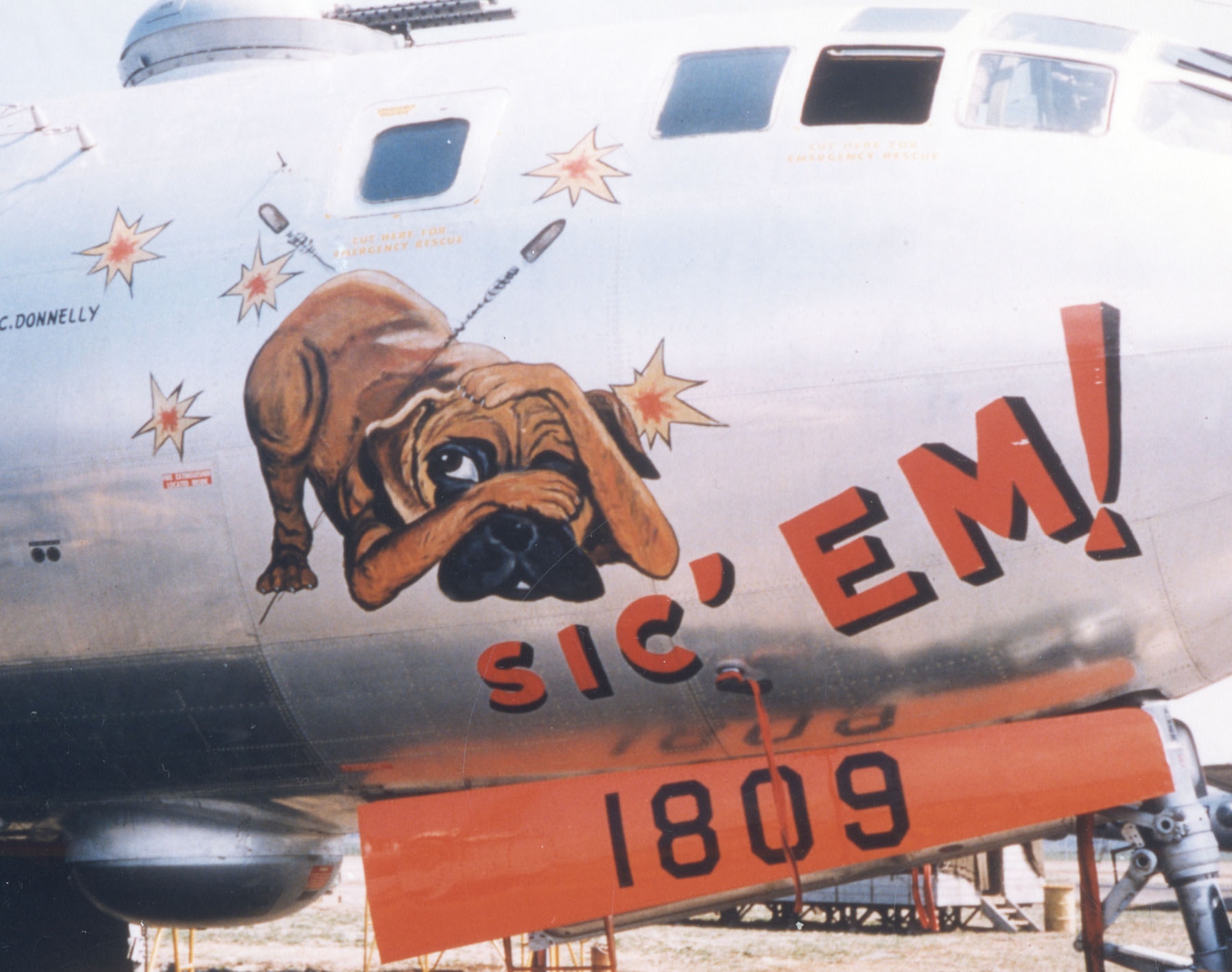 "Sic 'Em!" The B-29’s large fuselage made an ideal canvas for nose art. (U.S. Air Force photo)