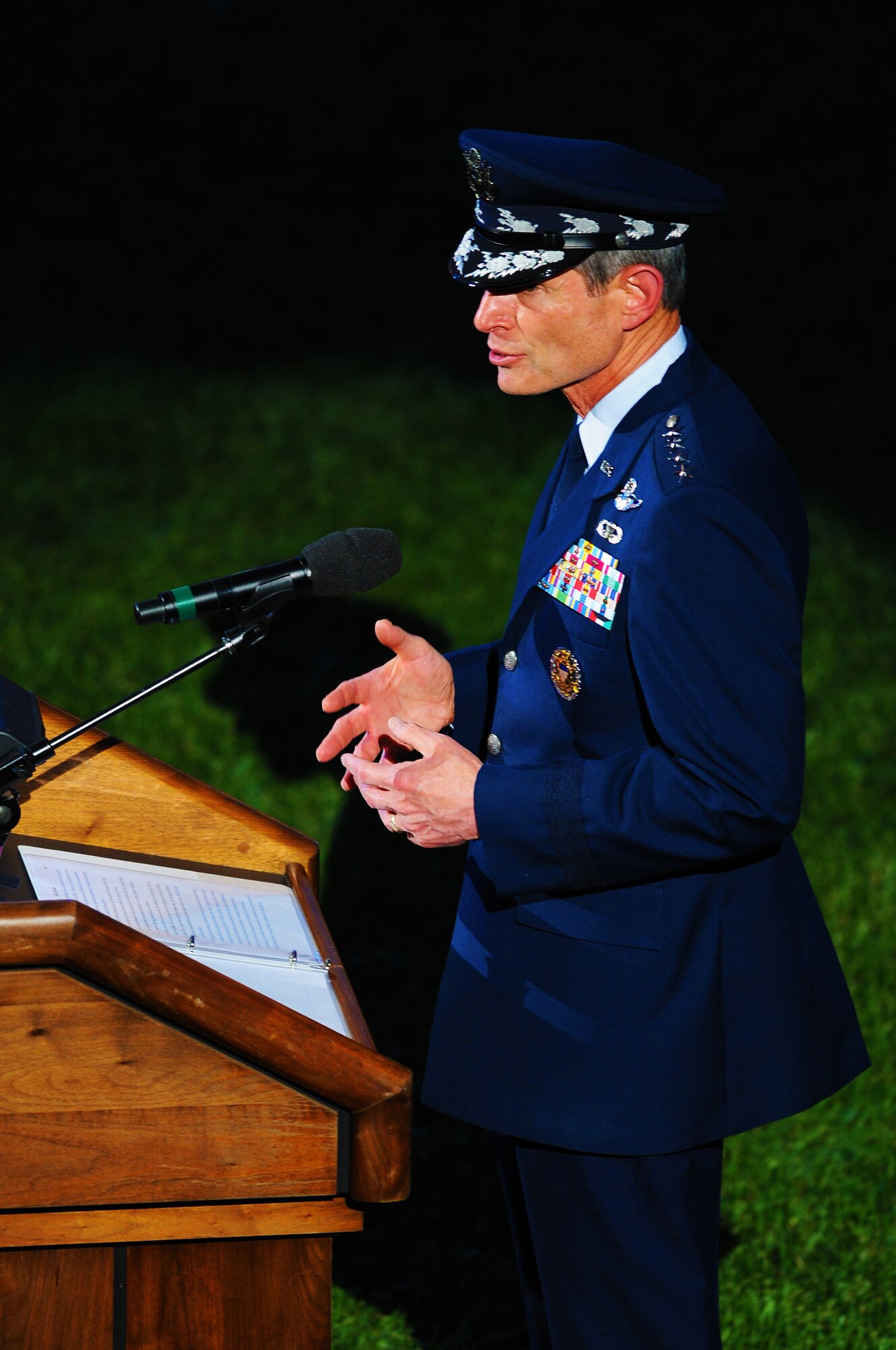 Gen. Norton A. Schwartz, U.S. Air Force chief of staff, speaks during the Conference of American Air Chiefs Twilight Tattoo June 13 at the U.S. Air Force Ceremonial Lawn on Bolling Air Force Base. Gen. Norton A. Schwartz, U.S. Air Force chief of staff, hosted the event celebrating "50 Years of Friendship and Cooperation" between nations belonging to the System of Cooperation among American Air Forces. (U.S. Air Force photo by Airman 1st Class Katherine Windish)