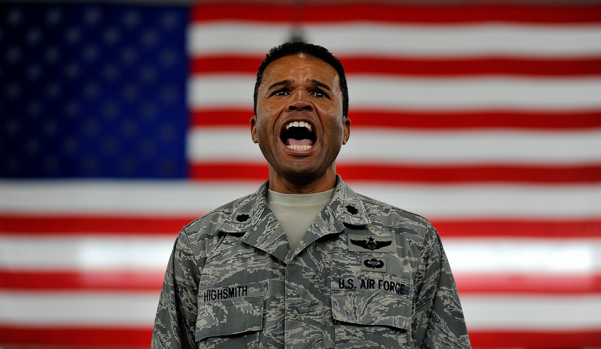 JOINT BASE MCGUIRE-DIX-LAKEHURST, N.J. – Lt. Col. Tom Highsmith, 816th Ground Mobility Squadron director of operations, issues commands to his unit during the inactivation ceremony of the 816th Contingency Response Group here June 11. The units were casing their colors after five years of service in the 621st Contingency Response Wing. (U.S. Air Force photo/Tech. Sgt. Parker Gyokeres/released)