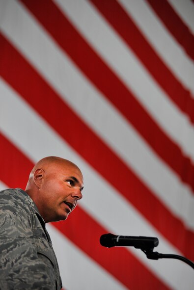 JOINT BASE MCGUIRE-DIX-LAKEHURST, N.J. – Maj. Terry Neidecker, 817th Global Mobility Readiness Squadron commander, speaks to members of his former squadron, the 816th GMRS, during its inactivation ceremony here June 11. The 816 GMRS and its parent unit, the 816th Contingency Response Group, were casing its colors after five years of service. (U.S. Air Force photo/Tech. Sgt. Parker Gyokeres/released) 
