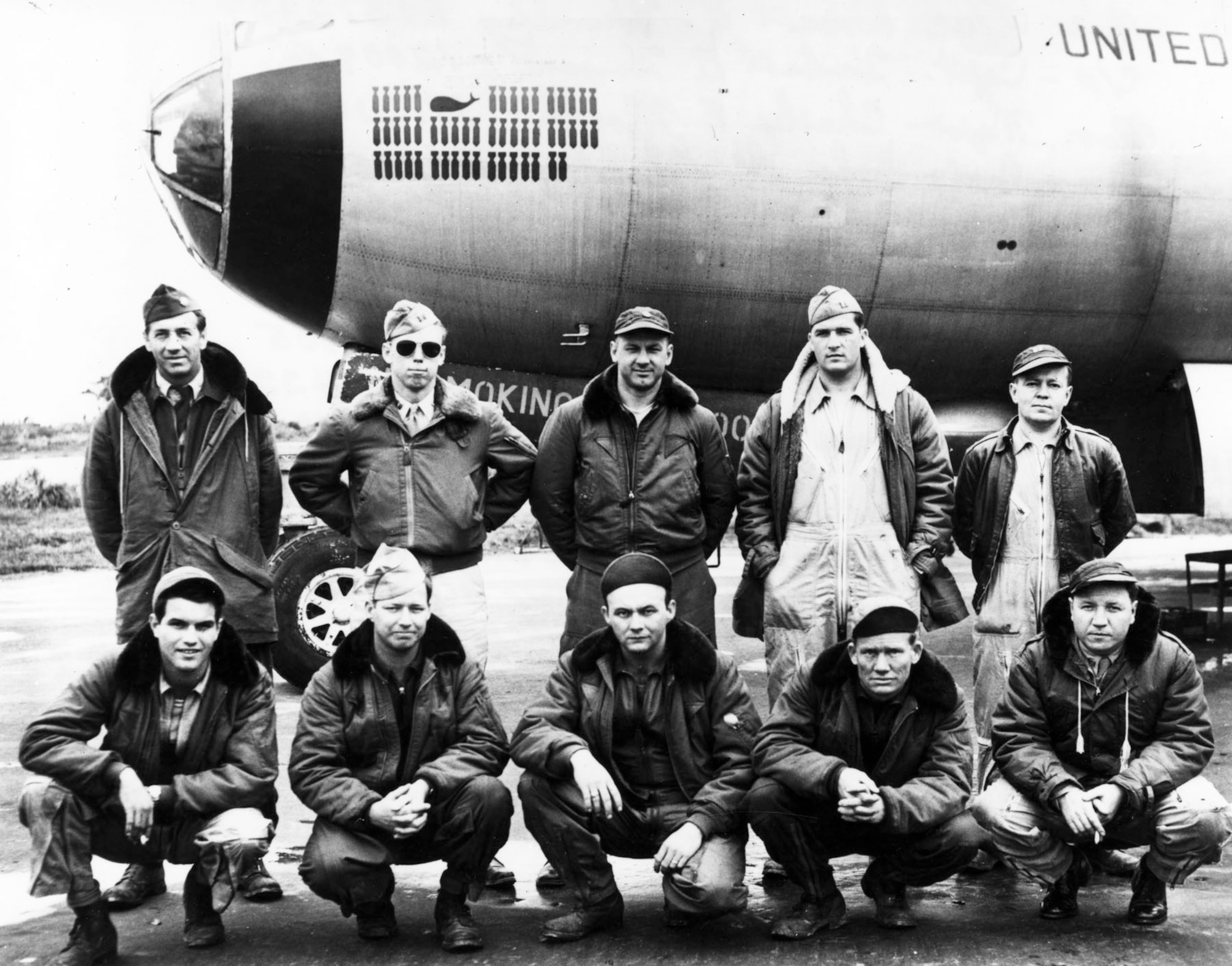 Staff Sgt. James Fleming, a B-29 tail gunner who flew 56 missions in Korea (front row, first on right), in 1951 wearing the same B-11 flight jacket and unofficial flight cap now on display at the National Museum of the U.S. Air Force. (U.S. Air Force photo)