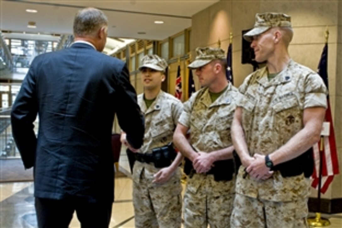 Deputy Defense Secretary William J. Lynn III meets with U.S. Marines assigned to the U.S. Embassy in Ottawa, Canada, June 14, 2010. 


