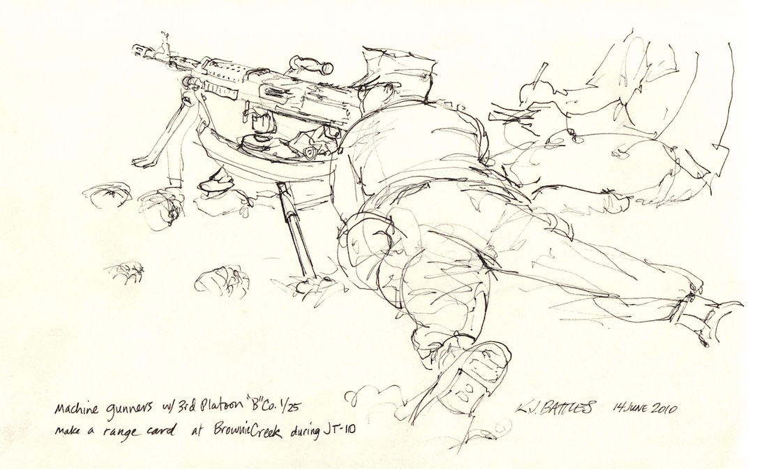 A Marine with Company B, 1st Battalion, 25th Marine Regiment makes a range card for their 240G medium machine gun as part of exercise Javelin Thrust 2010.
