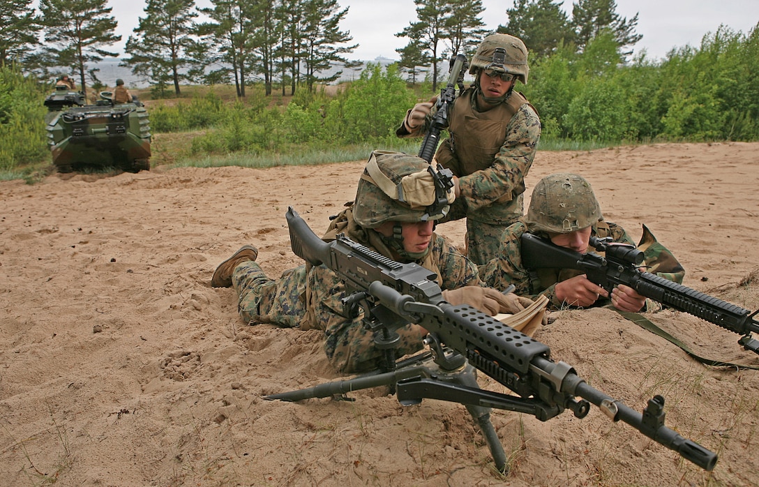 U.S. Marine infantrymen and amphibious assault vehicles from Special Purpose Marine Air/Ground Task Force African Partnership Station take up defensive positions during a demonstration of a combined U.S./Estonian amphibious landing. The combined training demonstration was part Baltic Operations 2010, an exercise designed to increase the interoperability of NATO and partner nations in the Baltic Sea region.