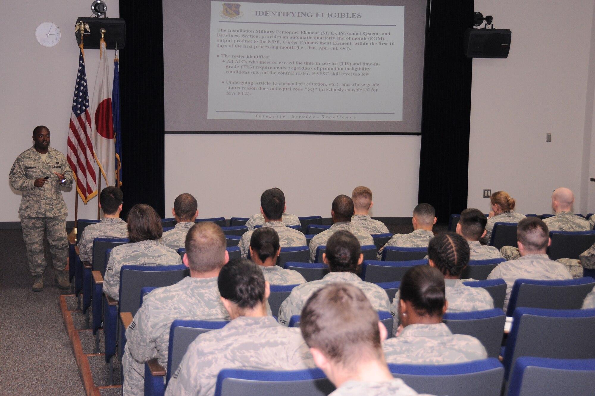 YOKOTA AIR BASE, Japan -- Airmen and supervisors from Team Yokota listen inventively to information about obtaining Below the Zone and making packages that stand out. Below the Zone is a program that allows airmen who qualify, to sew on Senior Airman six months prior to promotion. Below the Zone is statistically the second hardest stripe to earn in the Air Force since only 15 percent of all eligible airmen obtain the stripe six months early. (U.S. Air Force photo/Senior Airman Michael Dillon)
