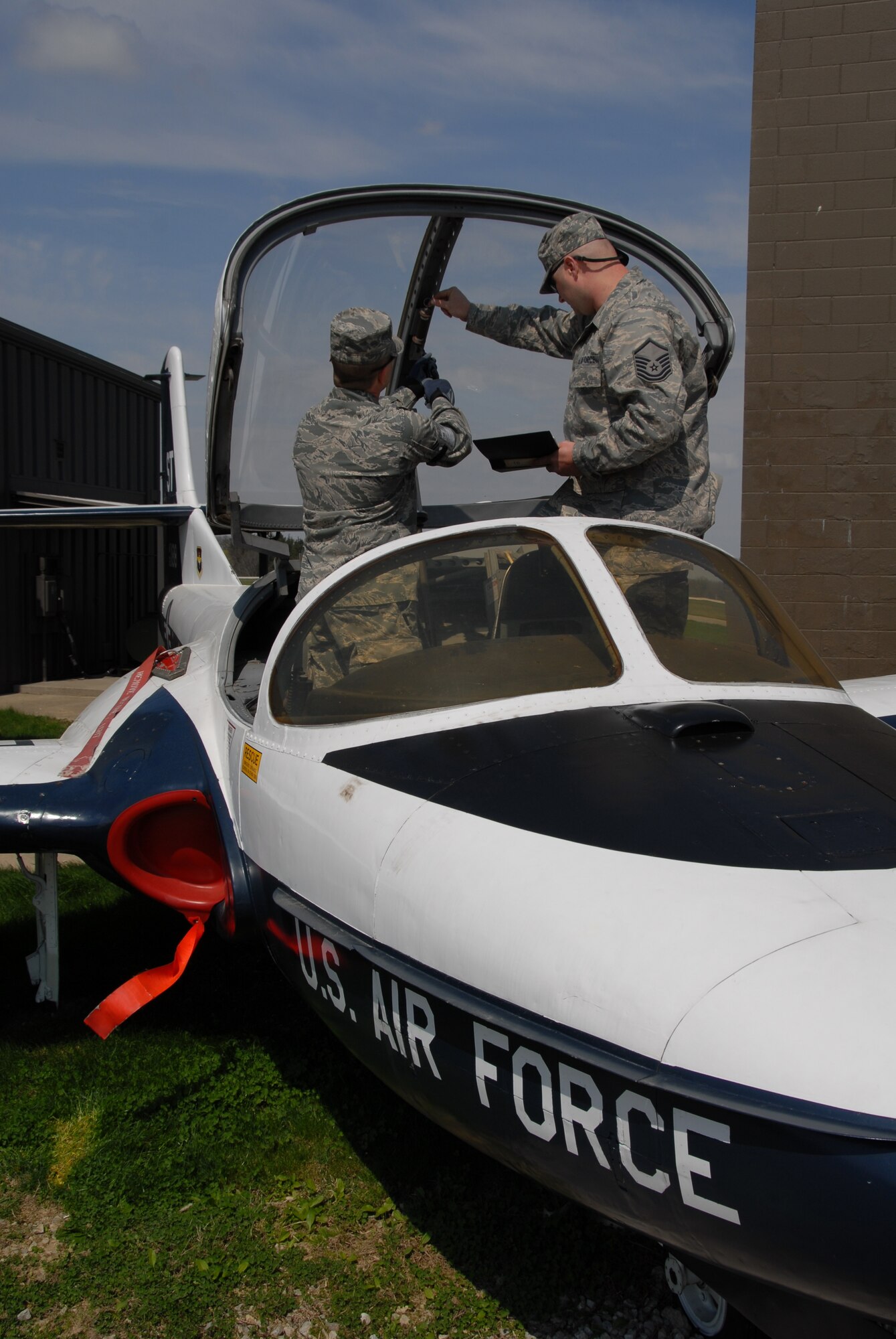 A1C Daniel L. Thompson and MSgt Jeffrey E. Fuller are shown training on April 17, 2010.The 179th Airlift Wing Maintenance Squadron is training with a retired  T-37 B "Tweety Bird".(U.S. Air Force photo by SrA Joseph Harwood) (RELEASED)