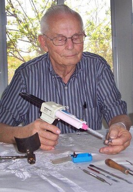 CALIMESA, Calif. – Mr. Delmar Chase, father of Air Force Global Strike Command Inspector General Brig. Gen. Sandra Finan, crafts brigadier general’s stars at his home. Mr. Chase, a retired dental technician, has handmade an insignia for each rank for the general since she was a major. (Photo courtesy of the Chase family)