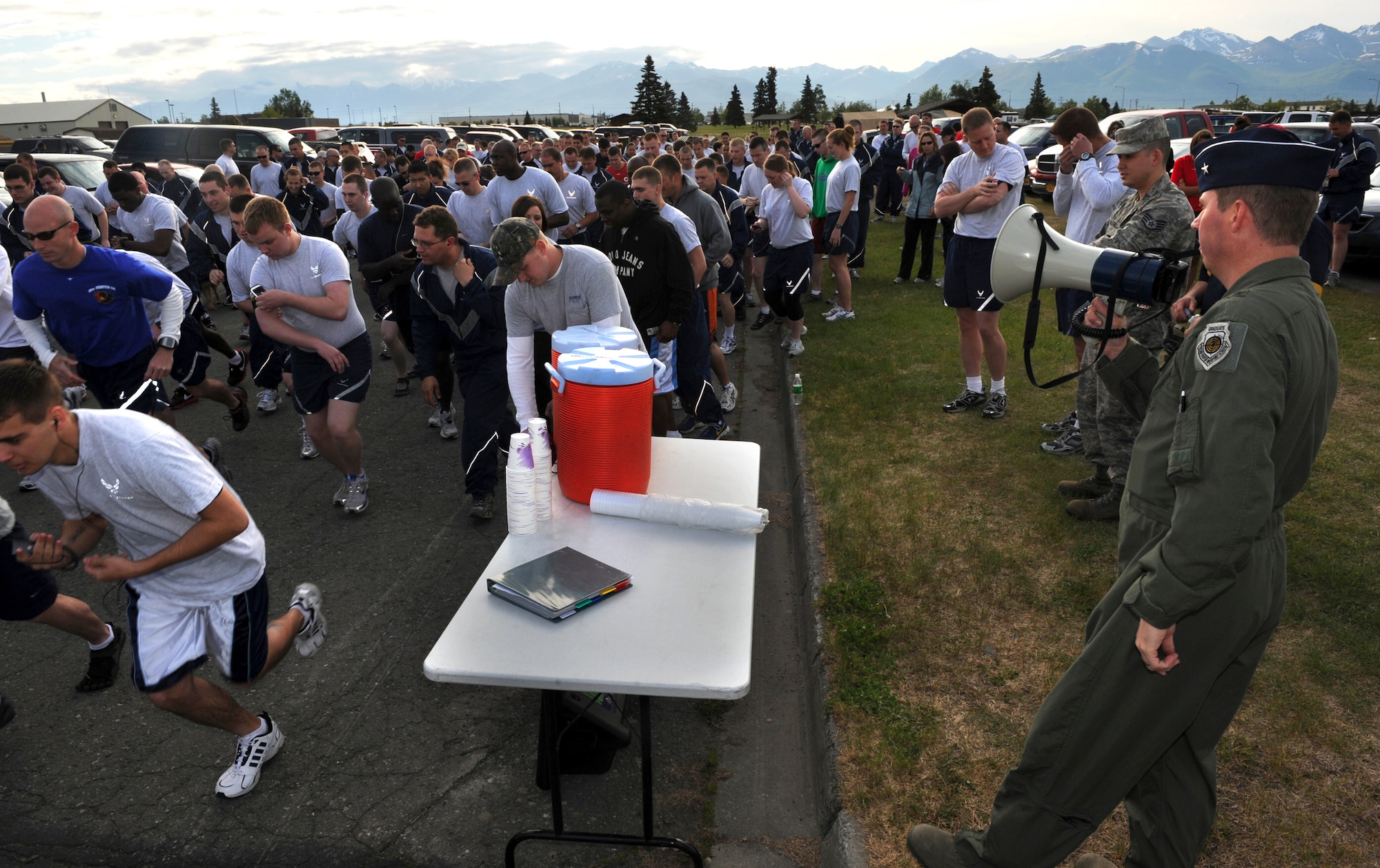 Brig. Gen. Thomas Bergeson announces the start of the fun run during the Arctic Warrior Olympics, June 11. The Arctic Warrior Olympics are held every June to bring the community on Joint Base Elmendorf-Richardson together. General Bergeson is the 3rd Wing Commander. (Air Force photo by Senior Airman Cynthia Spalding)