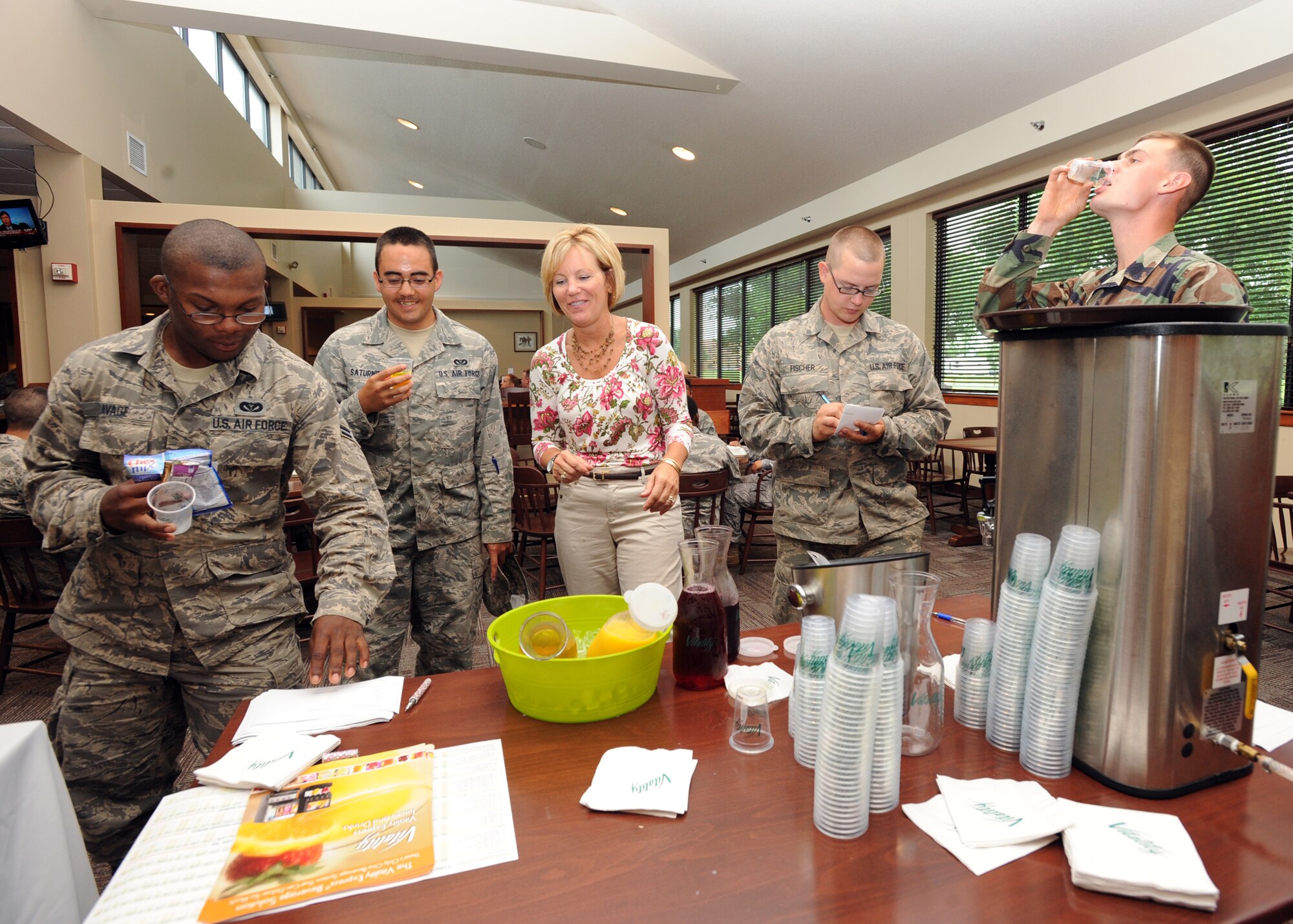 Team McConnell Airmen sample food products and provide feedback to local food vendor companies June 9, 2010, McConnell Air Force Base, Kan.  The feedback is used to determine what food selections Airmen would prefer.  The vendors visit every few months and allow the dining facility the opportunity to provide a new selection of snacks, beverages and desserts for the Airmen.  (U.S. Air Force photo/Airman 1st Class Andrea Salazar)