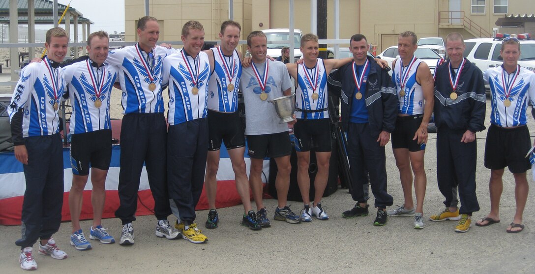VANDENBERG AIR FORCE BASE, Calif. – The Air Force men’s  triathlon team pose for a photo after placing first at the 2010 Armed Forces Triathlon Championship at Naval Base Ventura County Point Mugu on Saturday, June 5, 2010. The Air Force team took first place in every category, including the fastest male, fastest female and overall fastest team for both male and female categories. (U.S. Air Force photo/Maj. John C. Roberts)