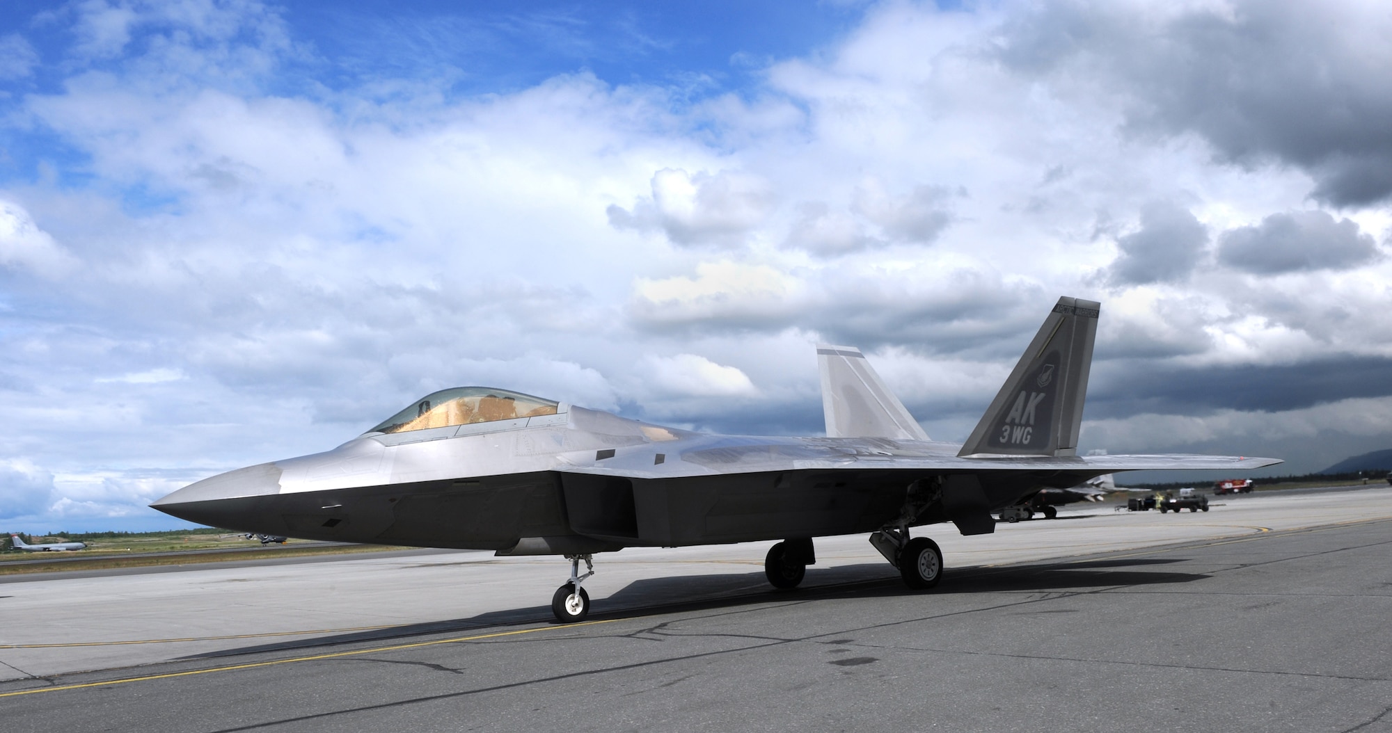 Brig. Gen. Thomas Bergeson, 3rd Wing commander, taxis in an F-22 Raptor after his fini-flight June 10. (Air Force photo by Senior Airman Cynthia Spalding)