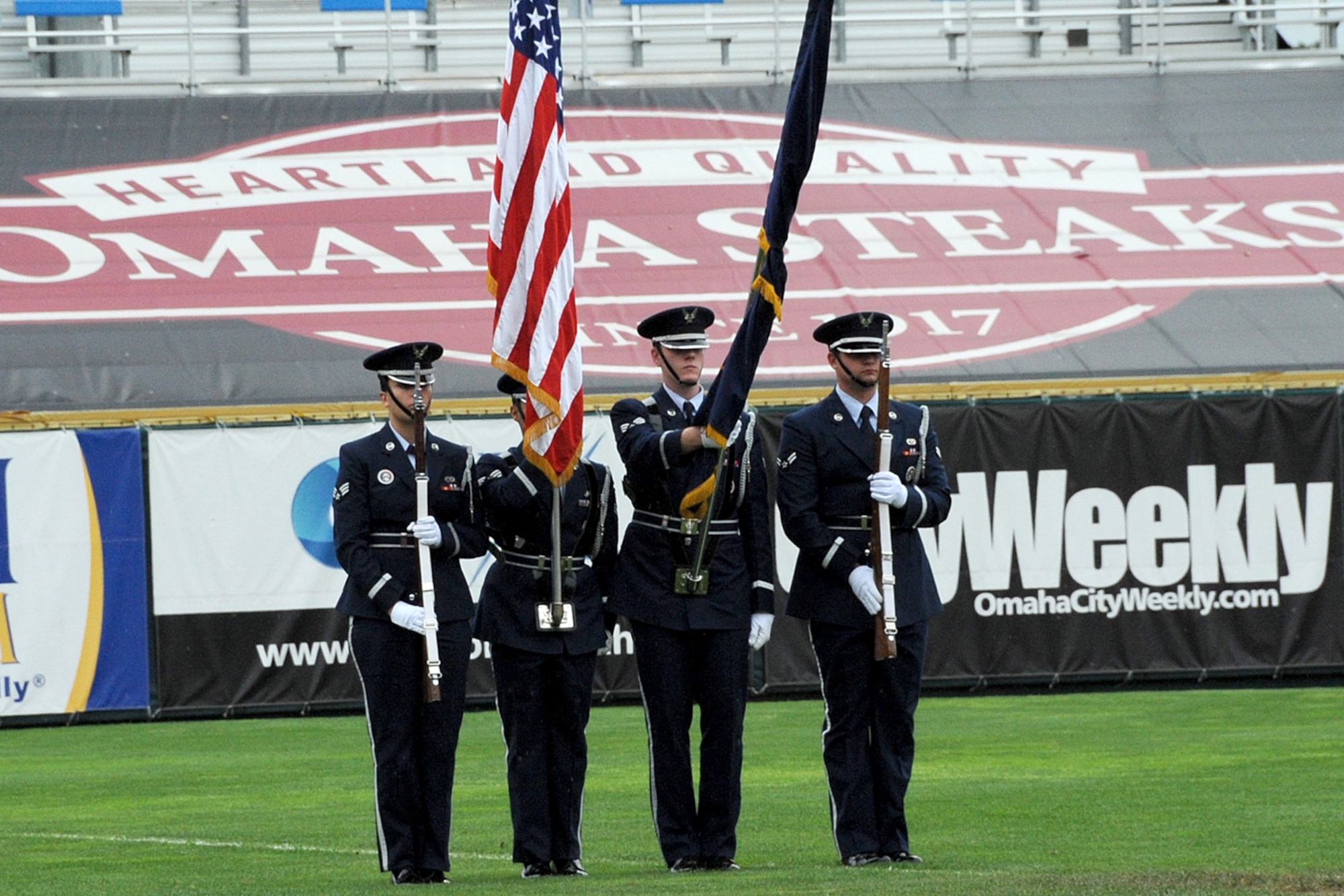 Offutt Air Force Base, Neb. --- The Offutt Air Force Base Color Guard post the colors prior to the annual Military Appreciation Game June 13 at Rosenblatt Stadium. The Omaha Royals played the Nashville Sounds in front of a crowd of military members and their families. The Royals beat the Sounds  two to one to take the four game series three games to one. 