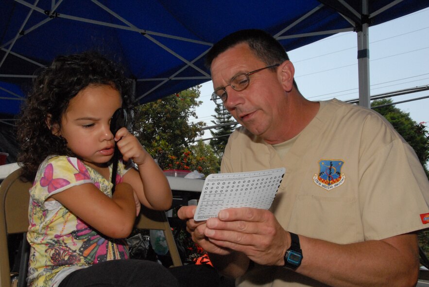 Tech. Sgt. Jeff Bachman, optometry technician with the 178th Medical Group, Ohio Air National Guard, performs an eye screening to test four-year-old Zoi Meech's near vision June 11 at Kealakekua Ranch Center, Captain Cook, Hawaii.  The 178 MDG is on a medical training deployment in which it provides free medical services to underserved Kona communities June 7-17.