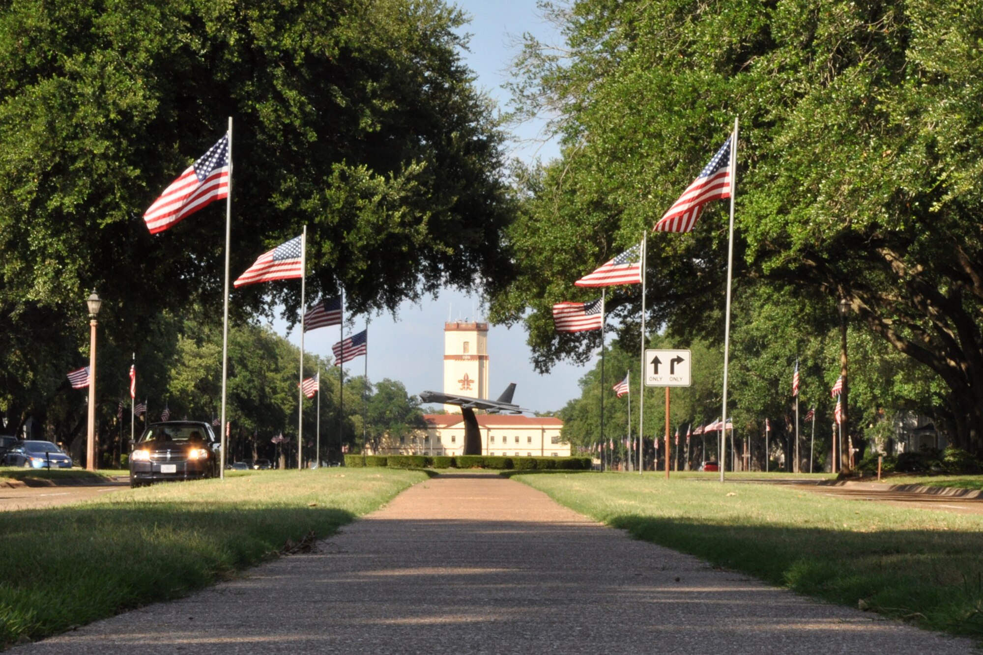American flags stand tall along Barksdale Boulevard proudly waving to residents and visitors alike as Barksdale Air Force Base, La., commemorates National Flag Day, June 14, 2010. Although not an official federal holiday, June 14, is recognized as the day when the flag of the United States was adopted by the Second Continental Congress in 1777. It wasn’t until 1916, that President Woodrow Wilson issued a proclamation officially establishing June 14 as Flag Day, and in August 1949, National Flag day was established by an Act of Congress. (U.S. Air Force photo/Tech. Sgt. Jeff Walston) 