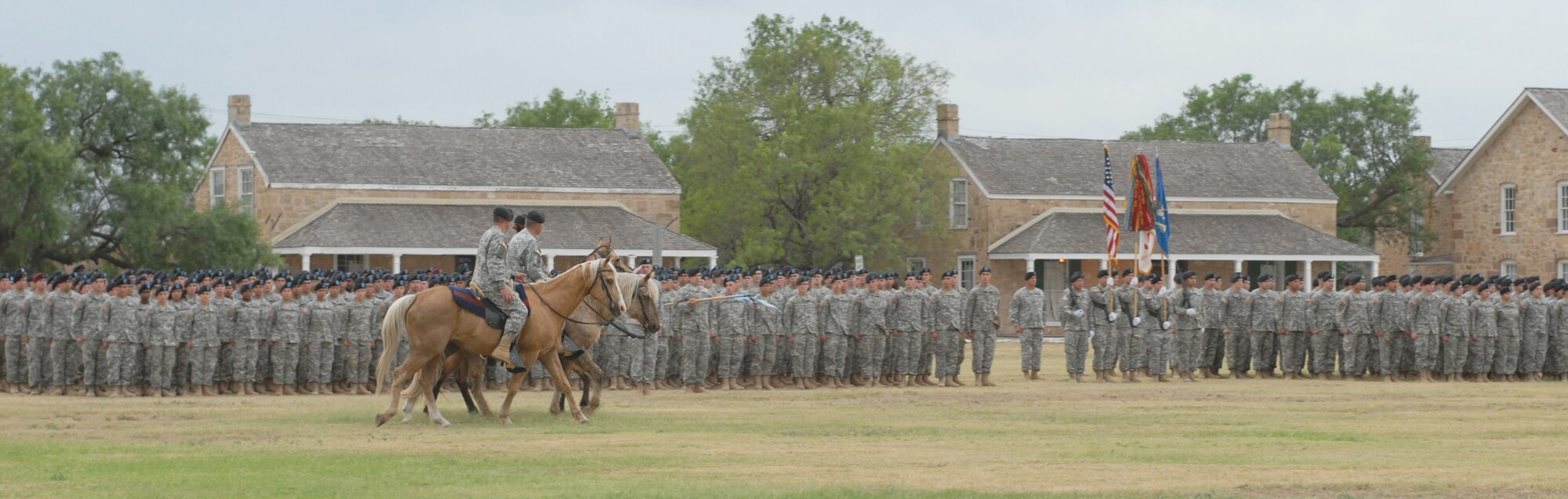 SAN ANGELO, Texas -- Army Lt. Col. Bichson Bush conducts her final inspection of the 344th Military Intelligence Battalion as commander during the change of command ceremony, June 15, 2010. Colonel Bush was accompanied by the reviewing officer Col. Thomas Miller and the incoming commander, Lt. Col. John Bonin. Colonel Miller is the commander of the 111th Military Intelligence Brigade, Fort Huachuca, Arizona. The 344th MIBN is a tenant command located on Goodfellow Air Force Base. The ceremony took place at Fort Concho National Historic Landmark. (U.S. Air Force photo/Staff Sgt. Laura R. McFarlane)
