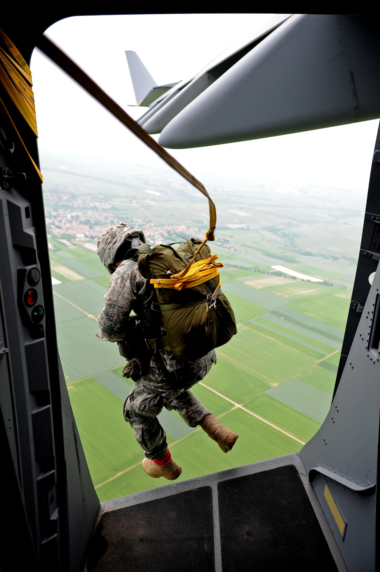 U.S. Air Force Col. Timothy Brown, 435th Contingency Response Group commander, executes an airborne jump of a C-17 Globemaster III over the drop zone, Alzey, Germany, June 15, 2010. This airborne jump is officially known as NATO Jump Week and is the first time a NATO jump is conducted from a C-17. Five NATO countries participated in the annual event to support one of United States Air Forces in Europe's top priorities; building partnerships. (U.S. Air Force photo by Airman 1st Class Grovert Fuentes-Contreras)(Released)