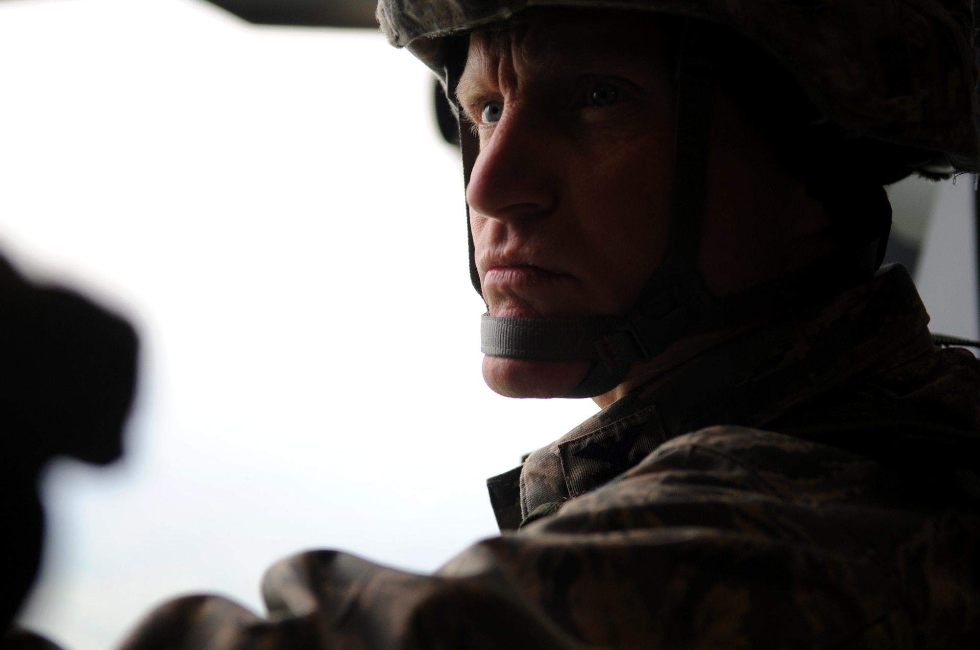 U.S. Air Force Col. Timothy Brown, 435th Contingency Response Group commander, listens for commands on a C-17 Globemaster III before executing an airborne jump over  the drop zone, Alzey, Germany, June 15, 2010. This airborne jump is officially known as NATO Jump Week and is the first time a NATO jump is conducted from a C-17. Five NATO countries participated in the annual event to support one of United States Air Forces in Europe's top priorities; building partnerships. (U.S. Air Force photo by Airman 1st Class Grovert Fuentes-Contreras)(Released)