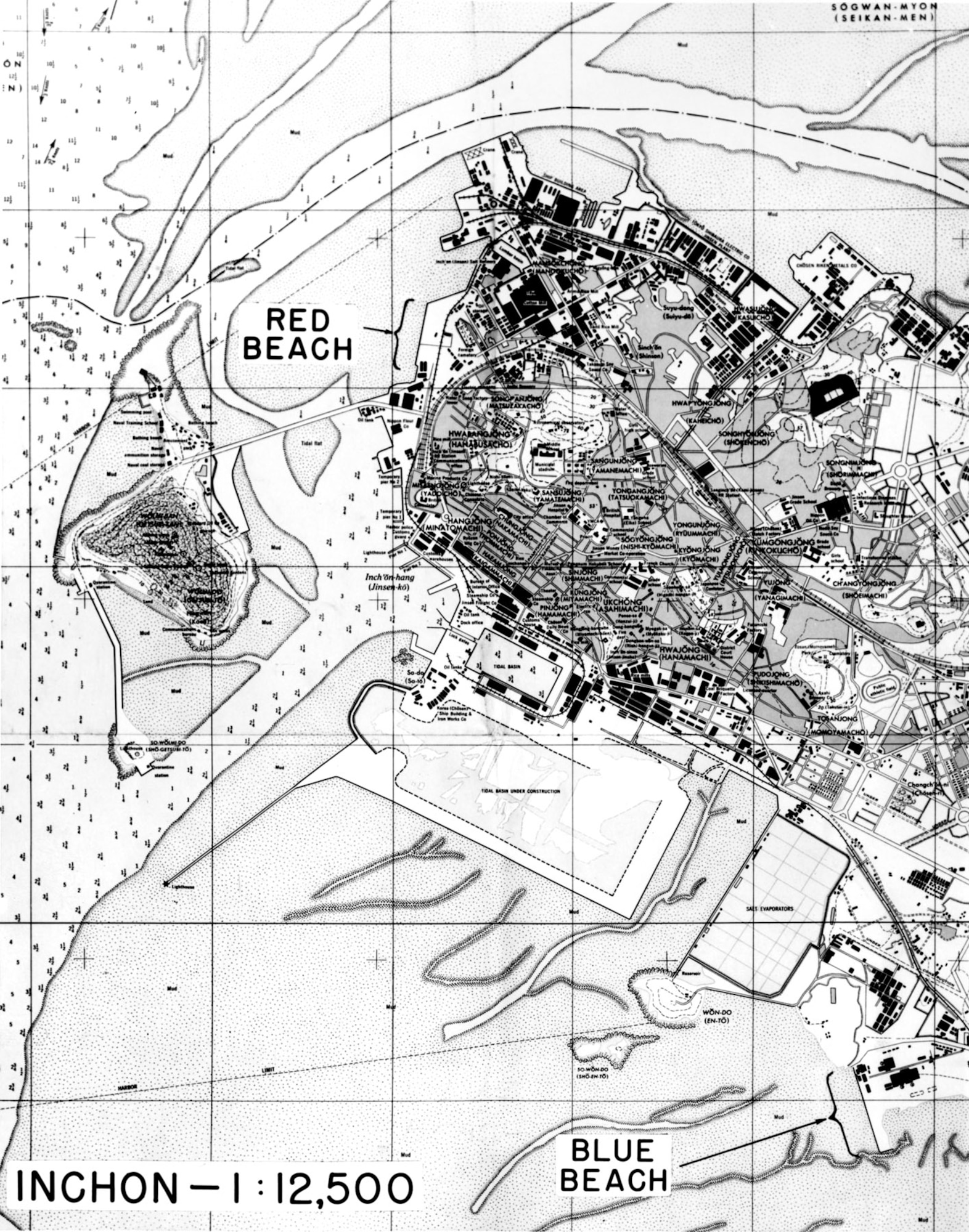 Map of Inchon showing the landing beaches. (U.S. Air Force photo)